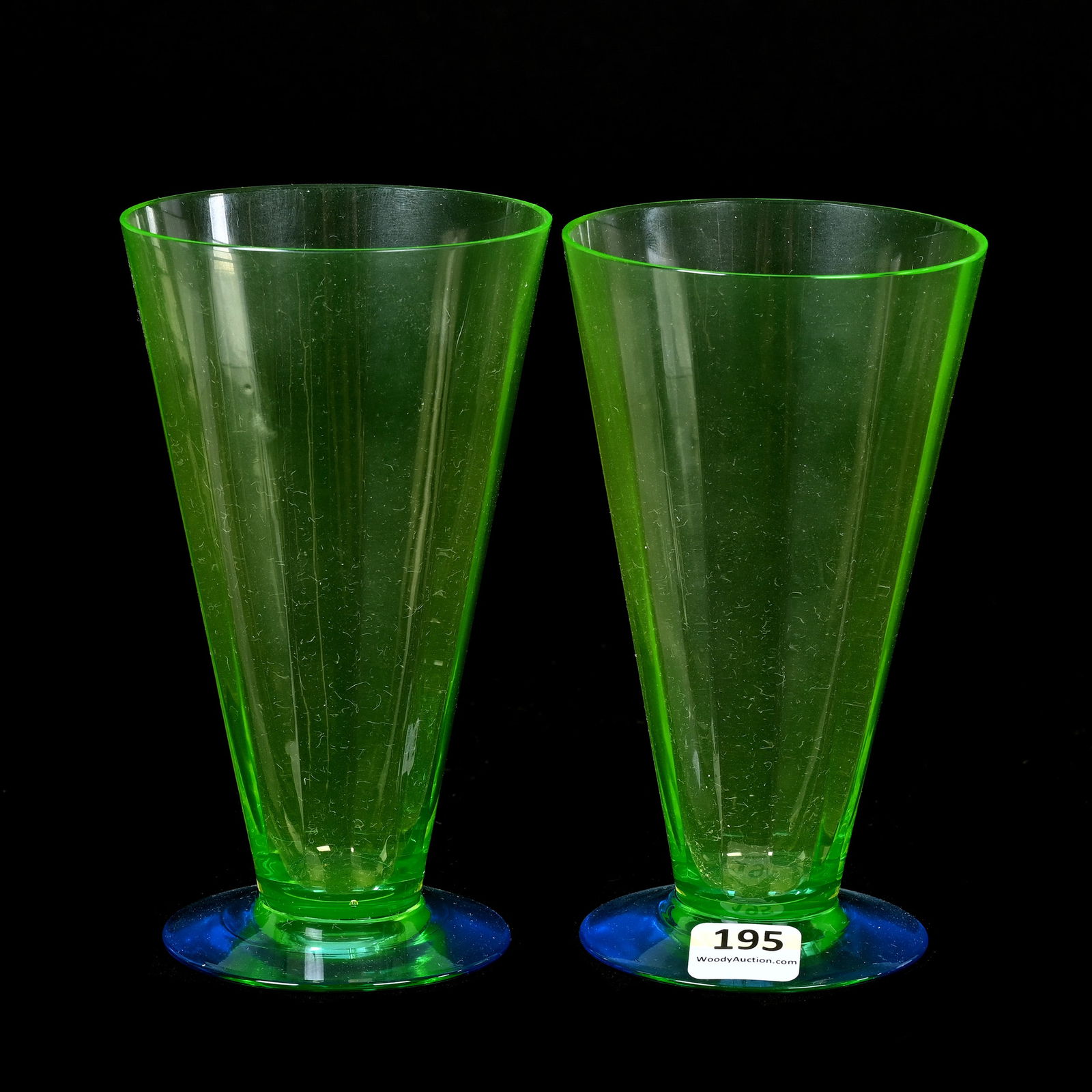 Pair Parfait Glasses, Vaseline & Blue Art Glass (1 of 4)