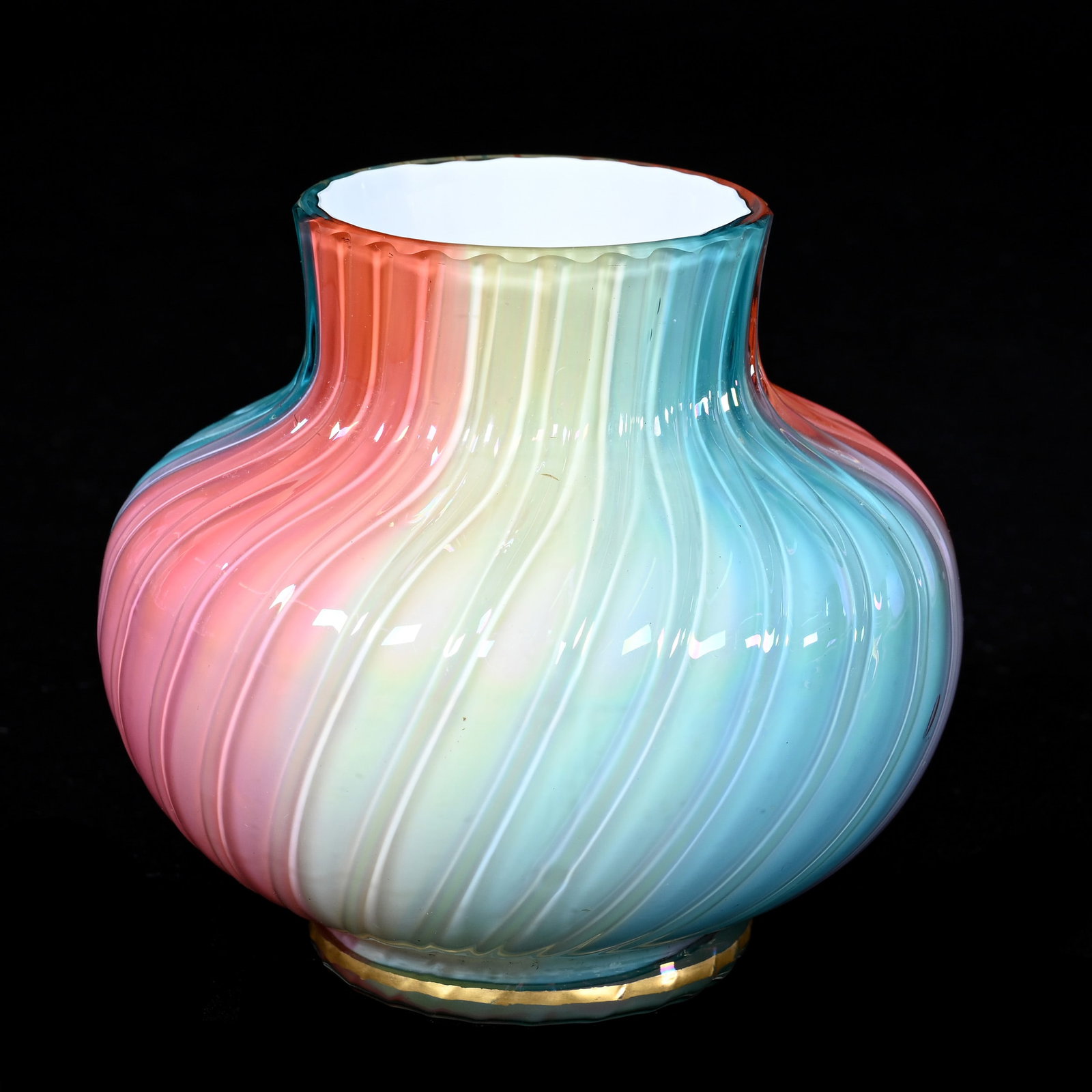 Vase, Cased Art Glass, Rainbow Ribbed Swirl Design: Vase, Cased Art Glass, Rainbow Ribbed Swirl Design, 4.25" x 4.5", Marked R.B. & Company, Collection Of Frank & Melissa Keathley, Top Shelf Antiques Of Texas, The Keathley's Kept The Best Antiques They