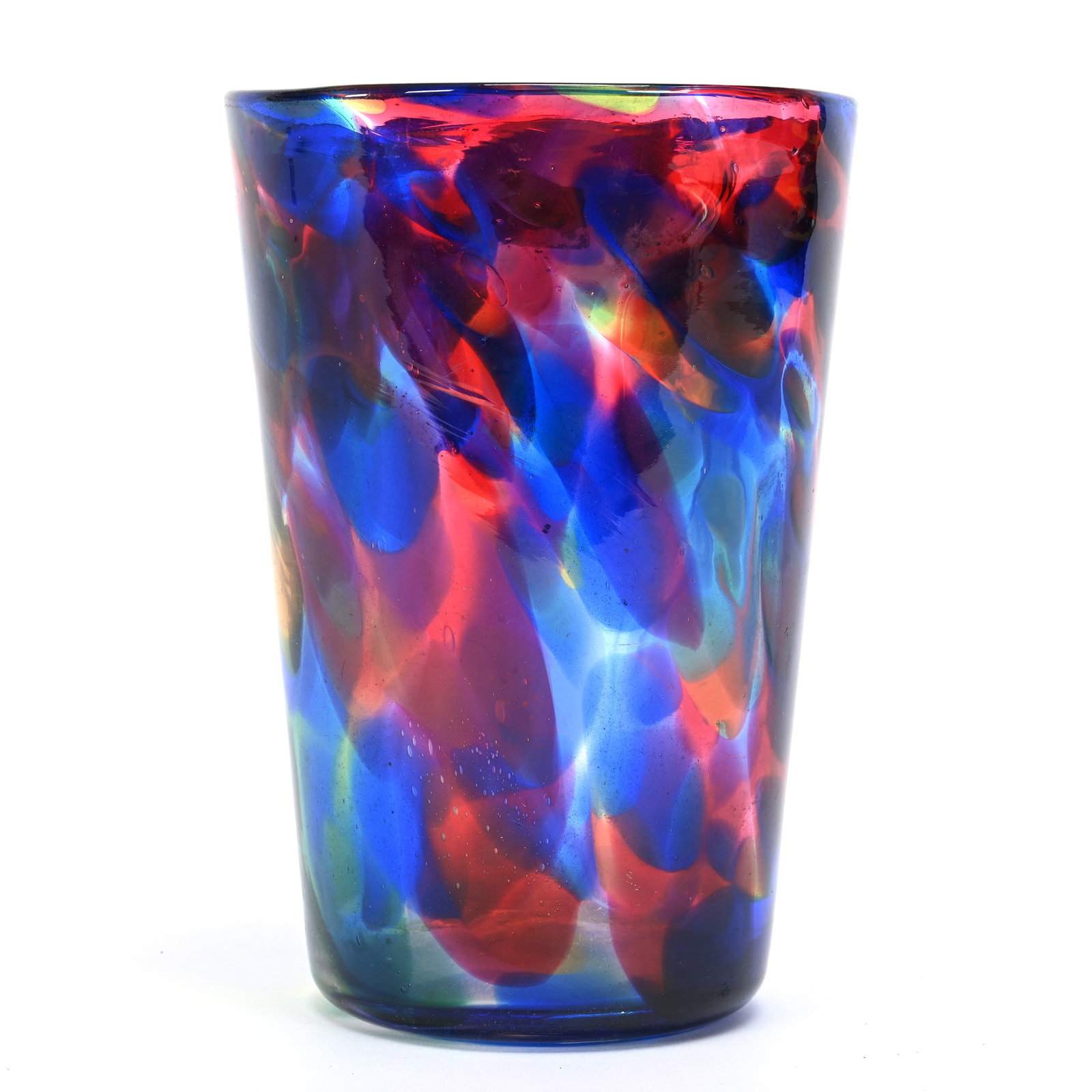 Vase, Contemporary Art Glass: Vase, Contemporary Art Glass, 8" x 5.5", Clear Body With Colorful Rainbow Mottled Design, Polished Pontil Base, Collection Of Frank & Melissa Keathley, Top Shelf Antiques Of Texas, The Keathley's Kept