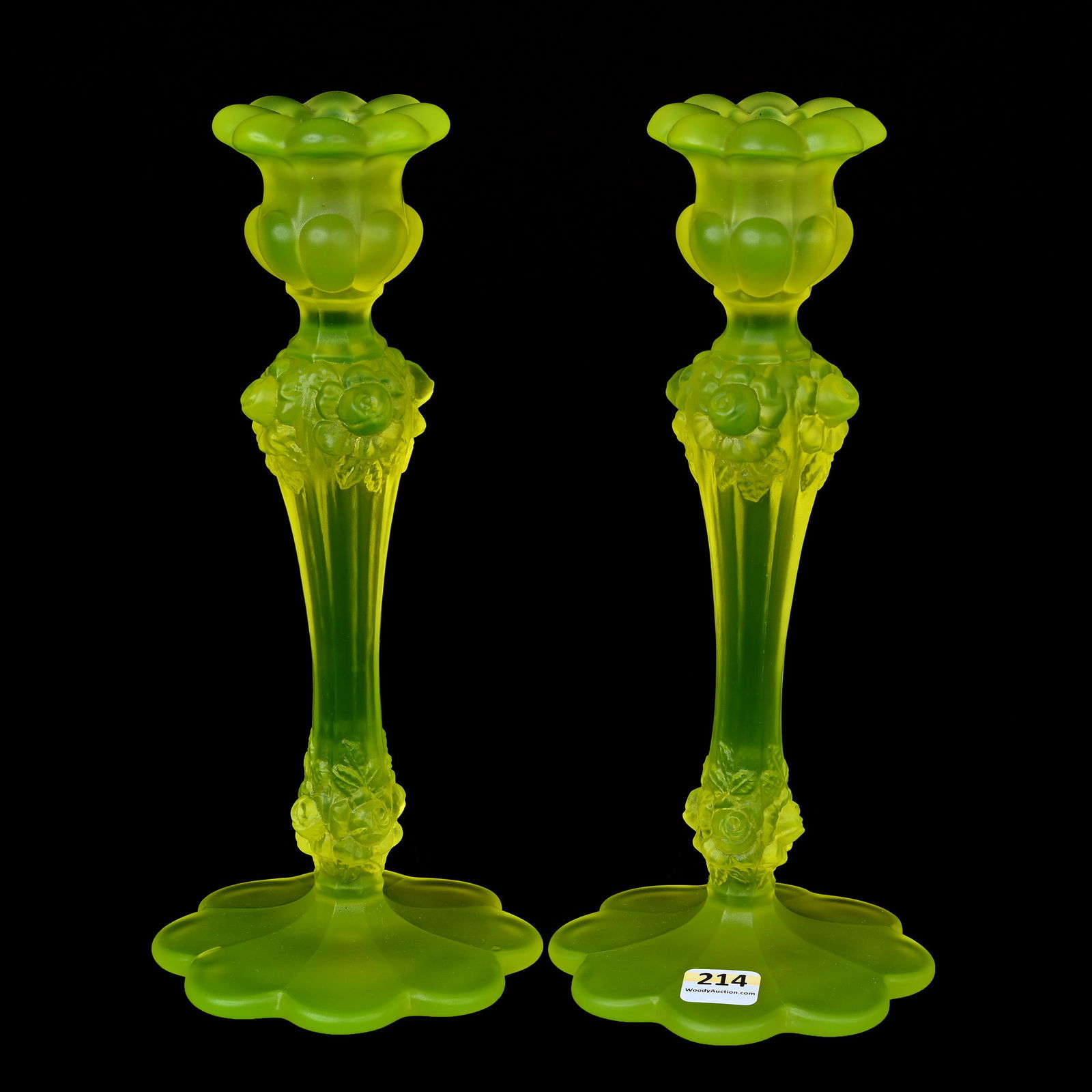 Pair Candlesticks, Solid Vaseline Glass (1 of 4)