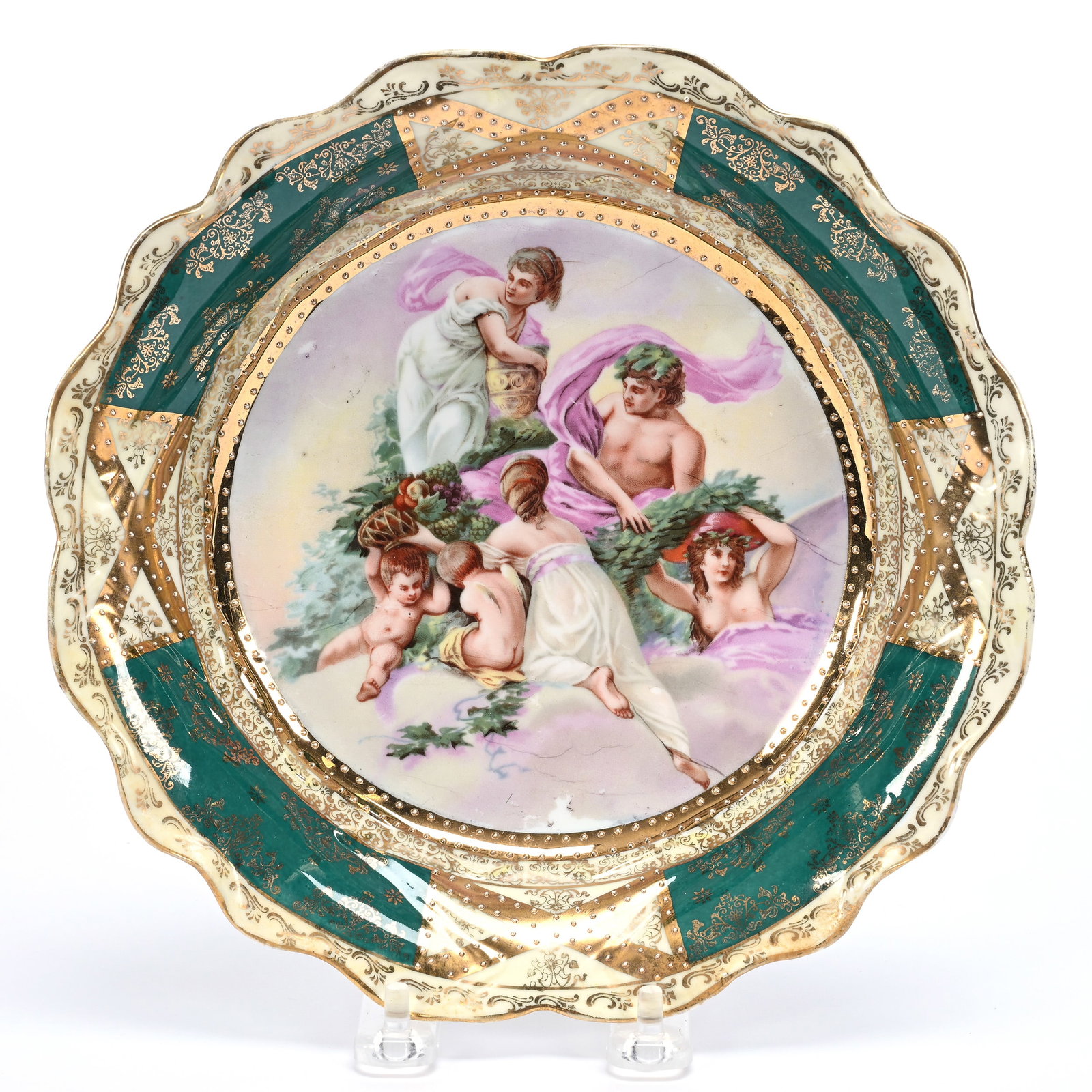 Bowl Marked St. Killian: Bowl Marked St. Killian, 8.75", Scene Of Man, Women And Cherubs, Cream And Green Border, Gold Stencil Highlights, Texas Private Collection.