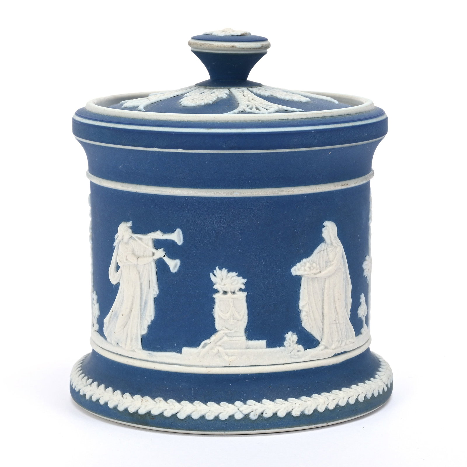Humidor Marked Adams (Wedgwood Style): Humidor Marked Adams (Wedgwood Style), 5" x 4.5", Blue And White With Classic Scene In Relief, Texas Private Collection.