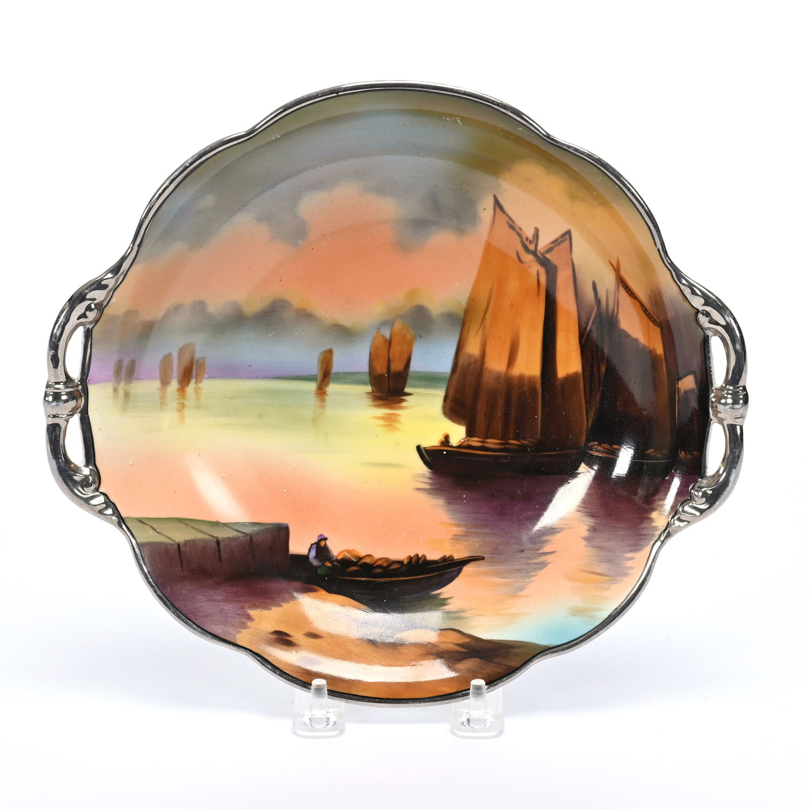 Bowl, Two Handles, Marked Noritake: Bowl, Two Handles, Marked Noritake, 9.75", Harbor Scenic Decor, Silver Enamel Rim, Texas Private Collection.