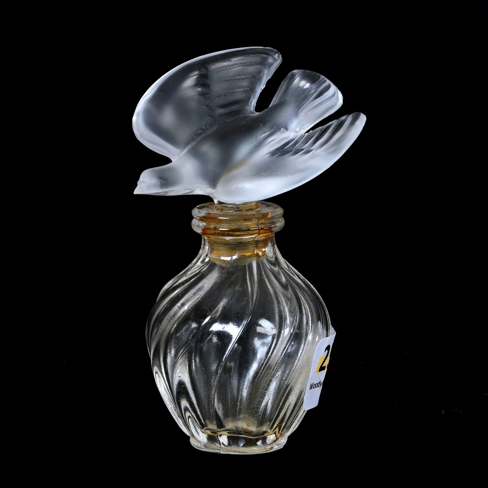 Perfume Marked "Made By Lalique": Perfume Marked "Made By Lalique", 3.5" x 1.75", Dove Stopper, Swirl Body, Stopper Is Currently Stuck, Texas Private Collection.