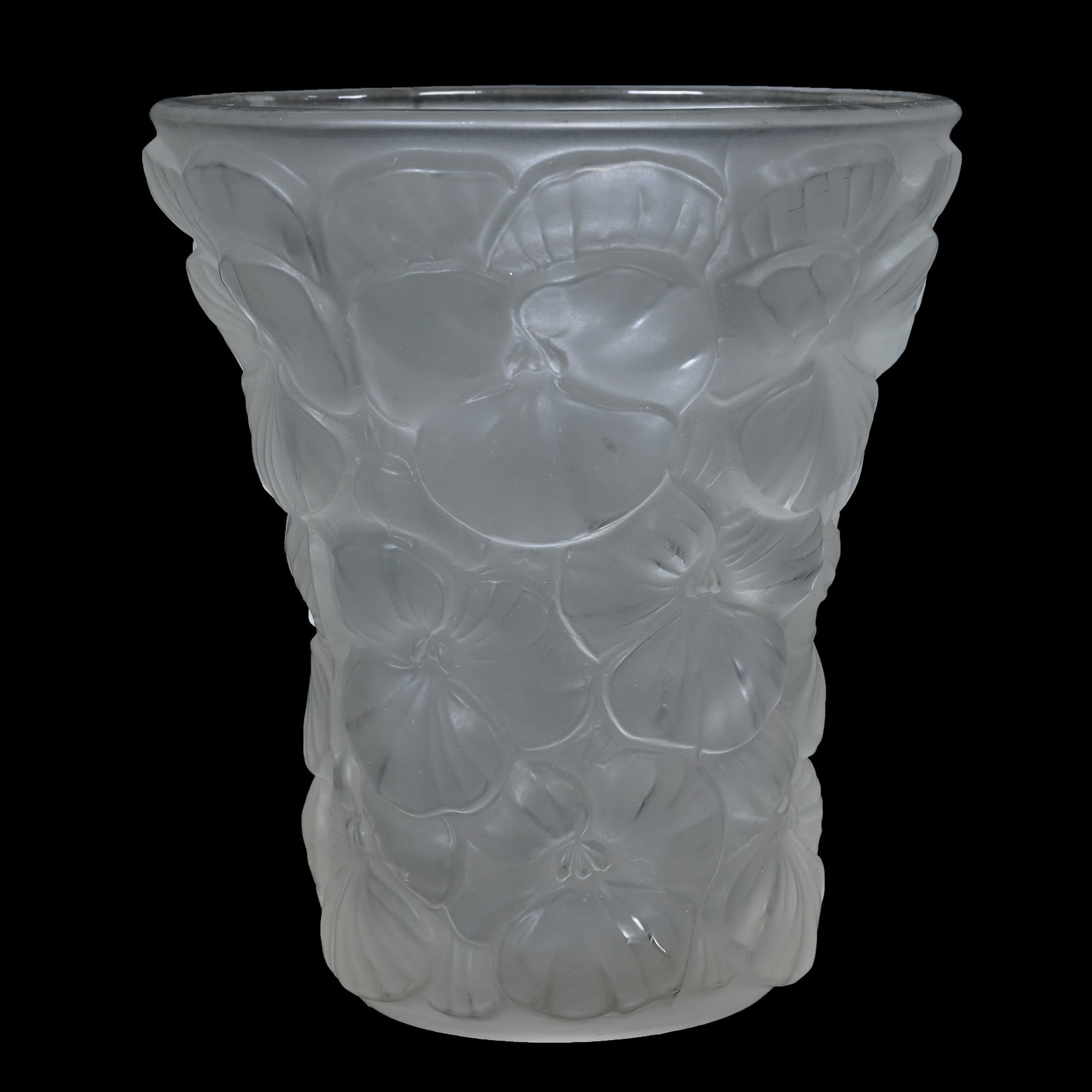 Vase, Unmarked Verlys Style Art Glass: Vase, Unmarked Verlys Style Art Glass, 5.75" x 5.25", Clear Frosted Pansy Mold, Fake R. Lalique Mark, Texas Private Collection.