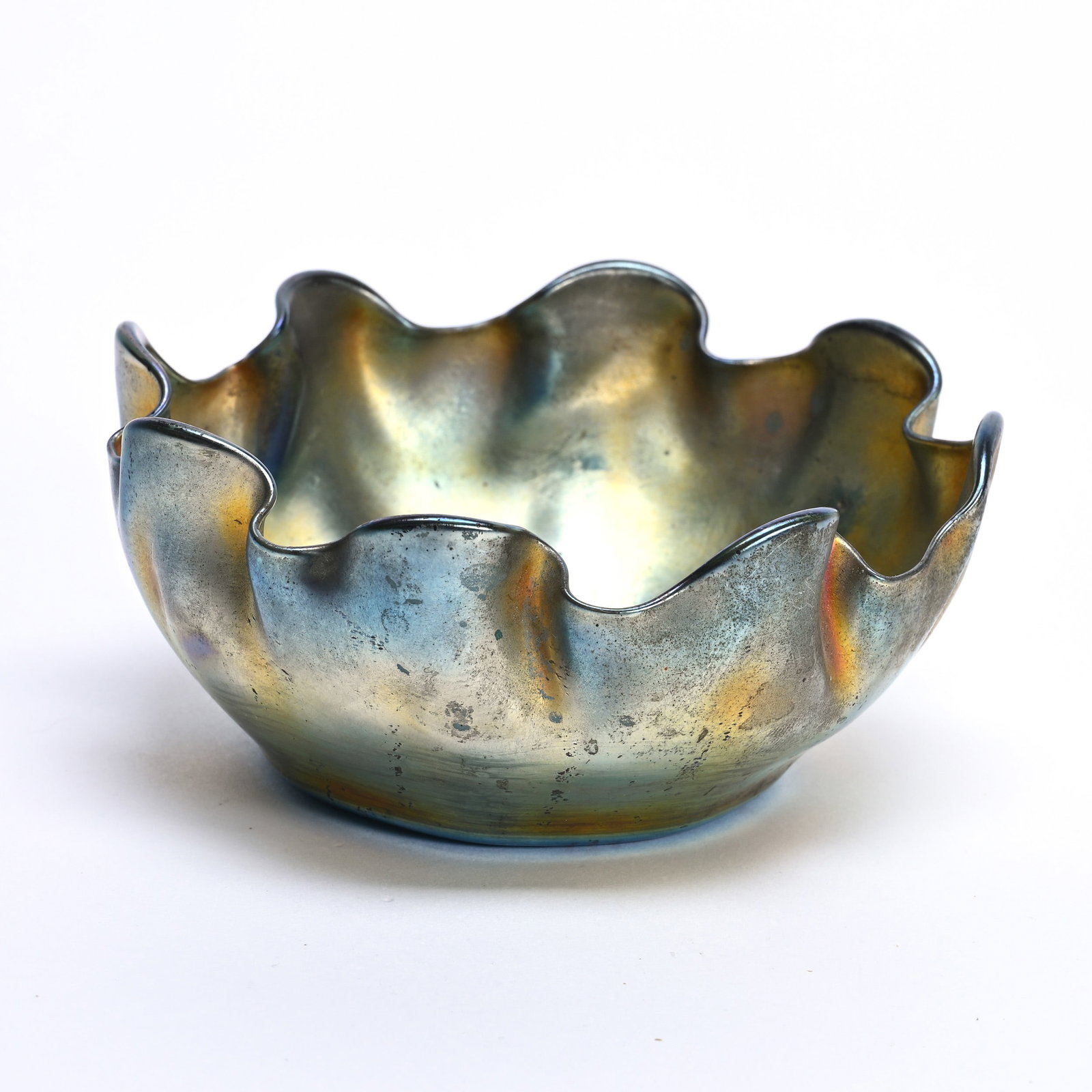 Finger Bowl Marked LCT (Tiffany): Finger Bowl Marked LCT (Tiffany), 3.25" x 4.75", Blue With Gold Iridescence, Some Significant Rub Marks On Iridescence, Texas Private Collection.