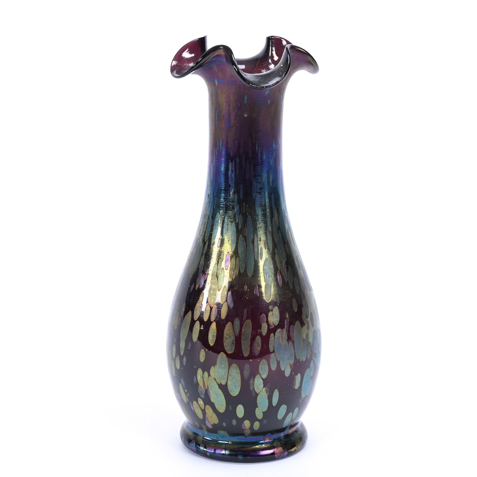Vase, Iridescent Amethyst Oil Spot Art Glass: Vase, Iridescent Amethyst Oil Spot Art Glass, 9" x 3.5", Loetz Style, Texas Private Collection.