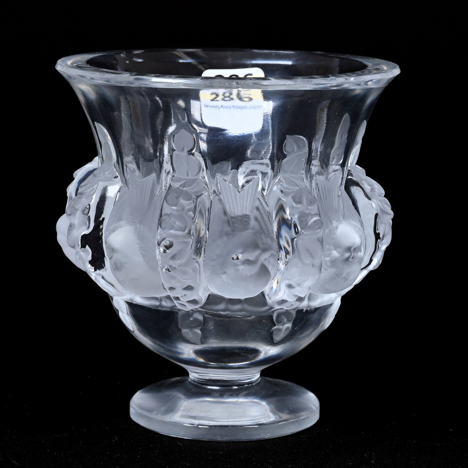 Pedestal Vase Marked Lalique France: Pedestal Vase Marked Lalique France, 5" x 4.5", Dampierre Pattern, Rim Chip, Texas Private Collection.