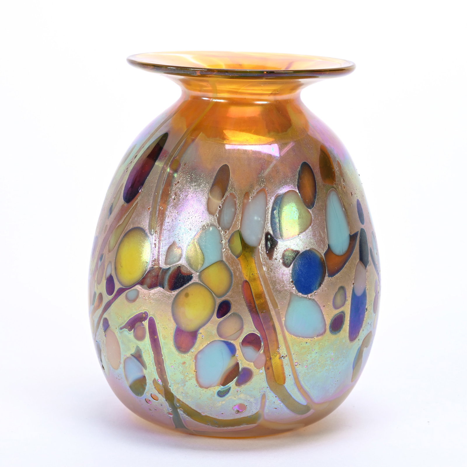 Vase, Contemporary Art Glass: Vase, Contemporary Art Glass, 5" x 4", Gold Iridescence With Colored Pebble Design, Artist Signed, Dated 2018, Texas Private Collection.