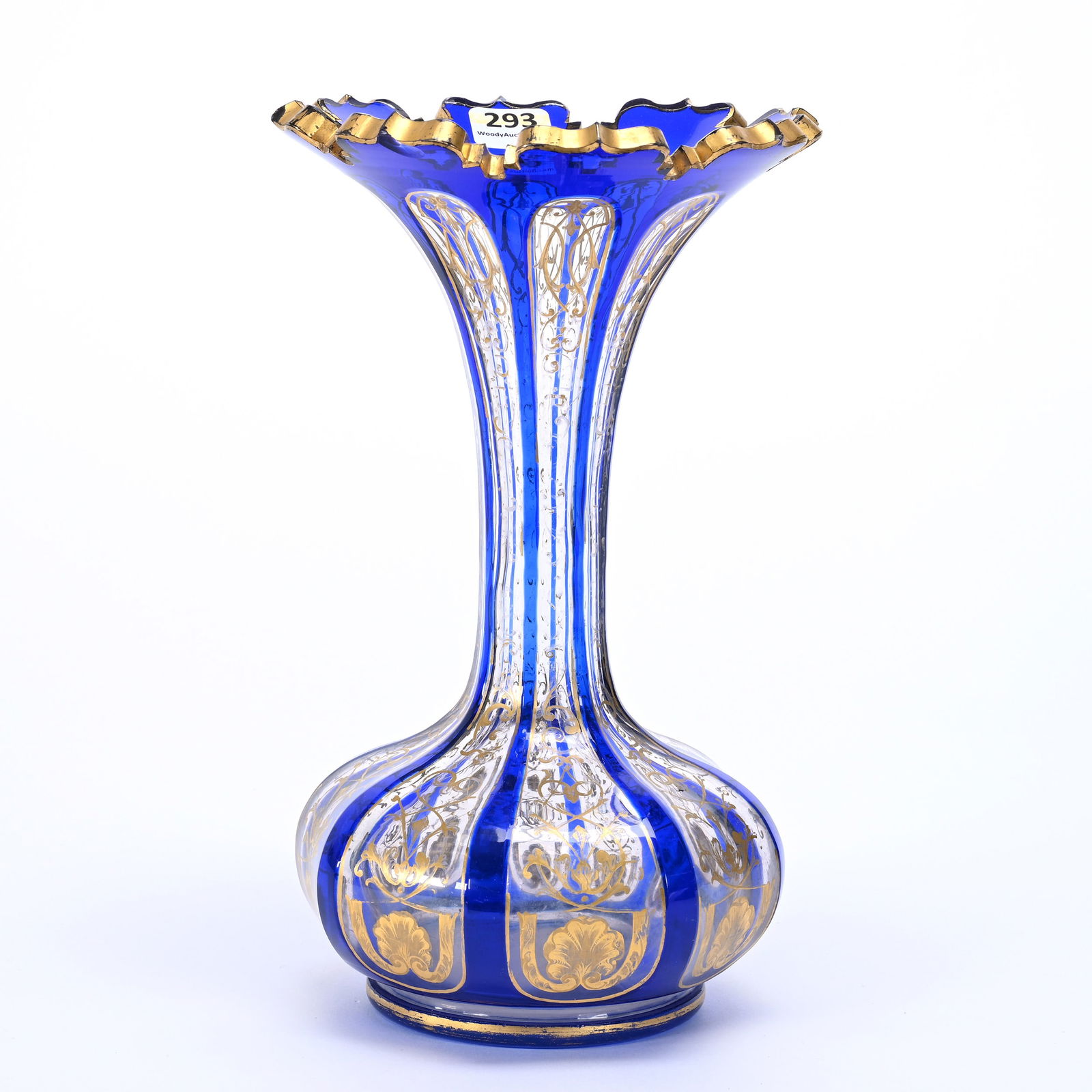 Vase, Clear Bohemian Art Glass: Vase, Clear Bohemian Art Glass, 9.5" x 5.5", Cobalt Blue Cutback Overlay, Gold Stencil Highlights, Some Rim Chips And Gold Wear, Texas Private Collection.