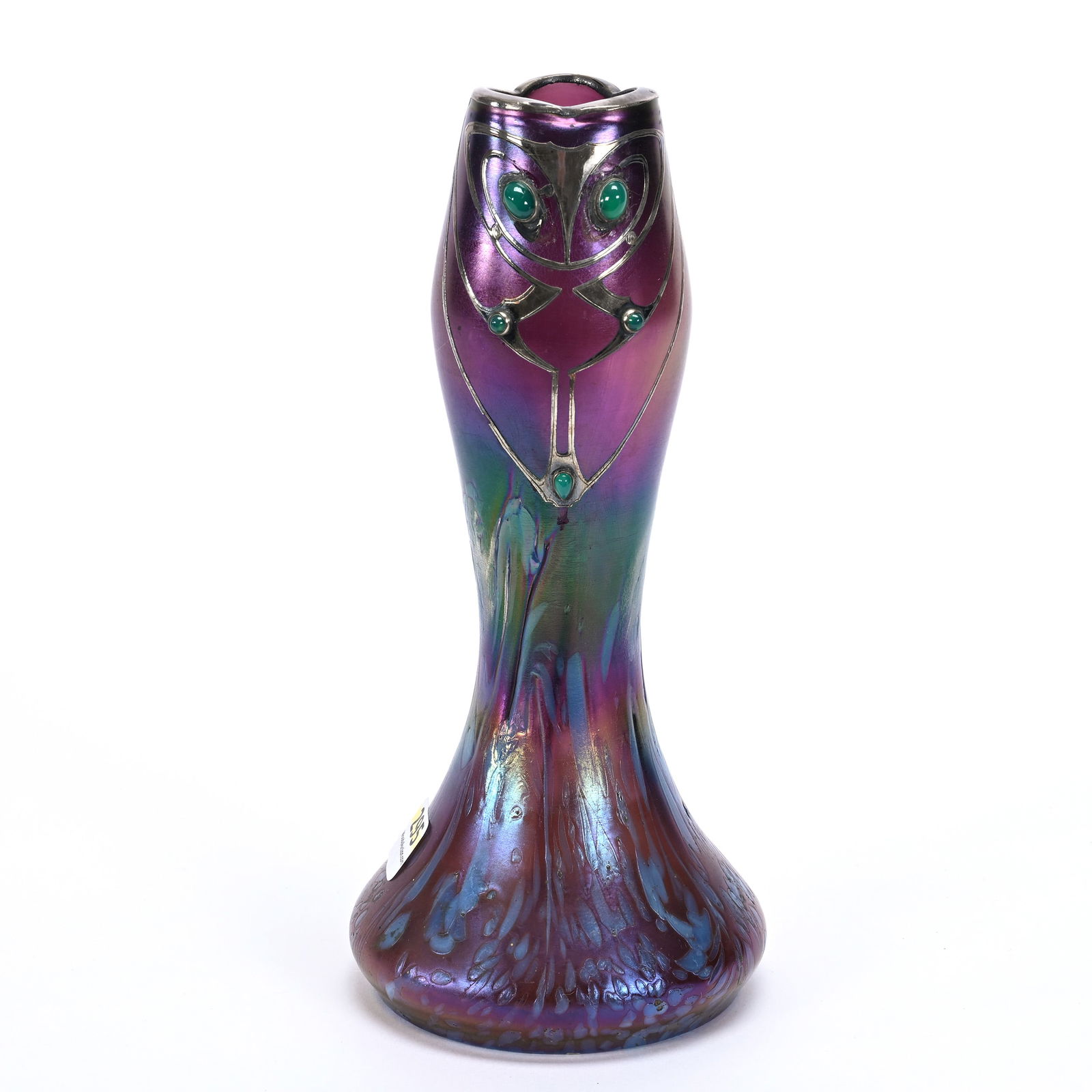 Vase, Iridescent Amethyst, White Mottled Design: Vase, Iridescent Amethyst, White Mottled Design, 8.5" x 4", Silver Art Deco Overlay With Green Jewel Highlights, Some Silver Loss, Nice Polished Pontil Base, Texas Private Collection.