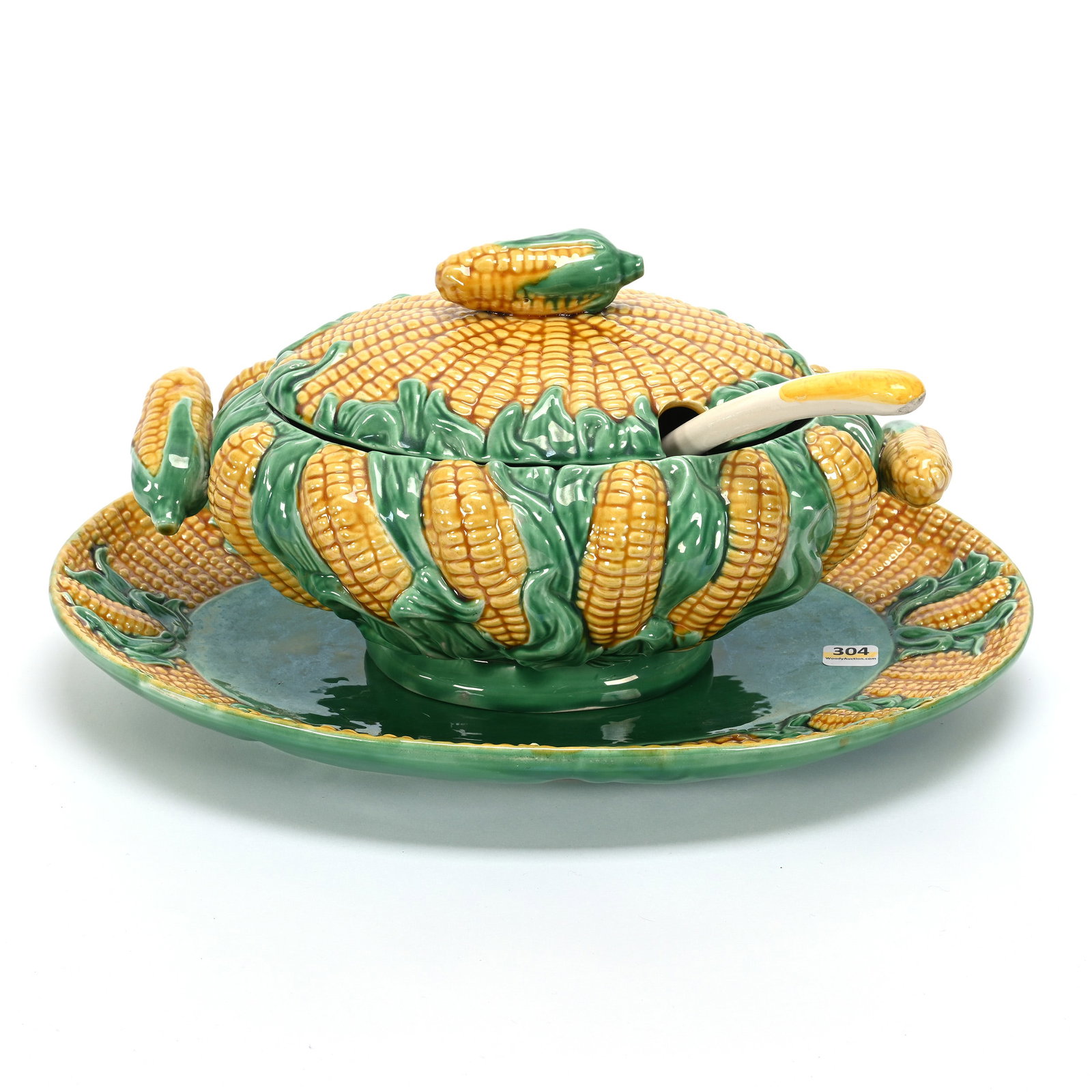 Covered Tureen & Tray, Majolica Made In Portugal: Covered Tureen & Tray, Majolica Made In Portugal, 7.5" x 15", Embossed Corn Design, Matching Ladle, Bowl Has Interior Rim Nick, Texas Private Collection.
