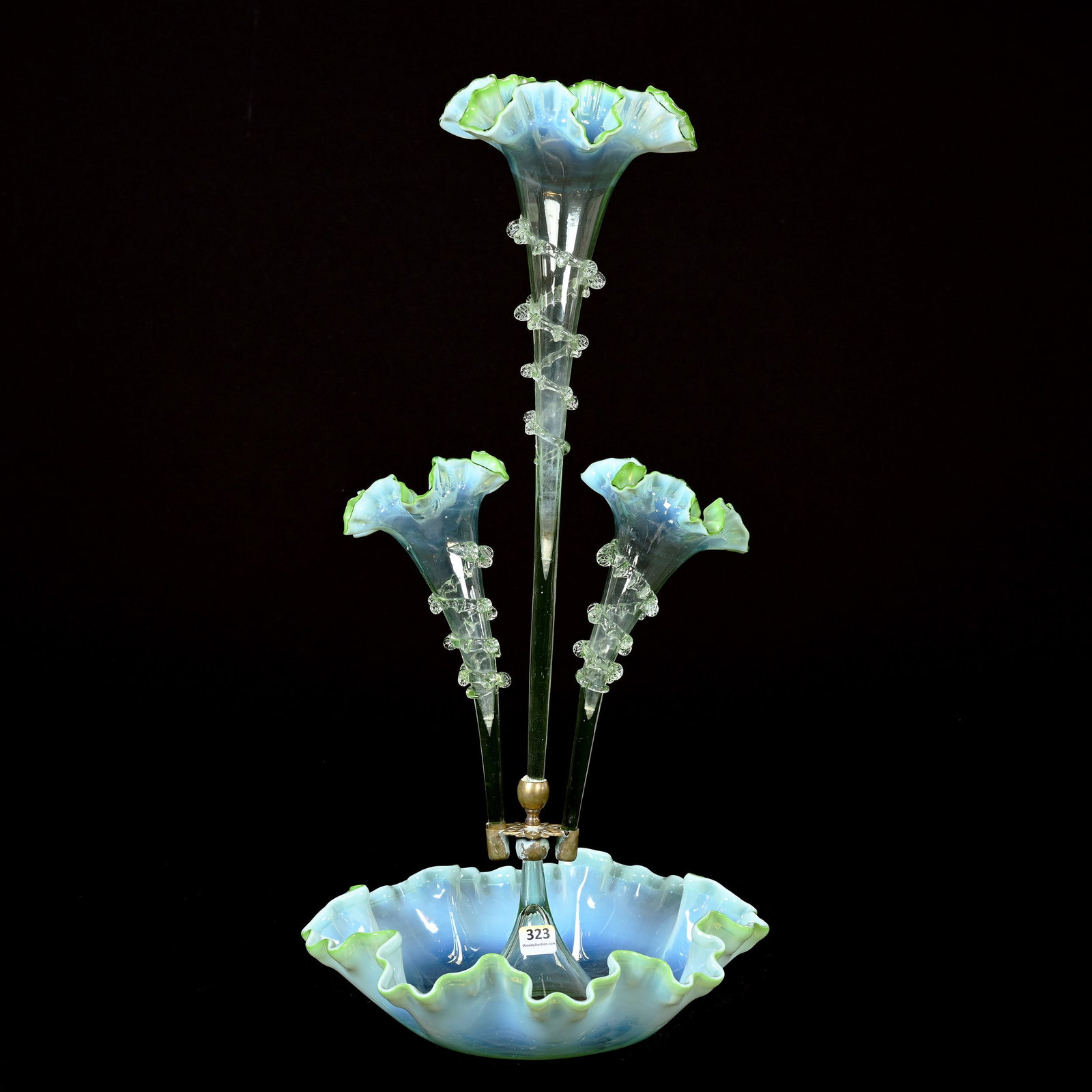 Epergne, Green Opalescent Art Glass, Three Lilies: Epergne, Green Opalescent Art Glass, Three Lilies, 22.5" x 11", Applied Rigoree Highlights, Highly Reactive Under Black Light, The Late Bunny Koppelman Whose Epergne Collection Was Featured In The Ele