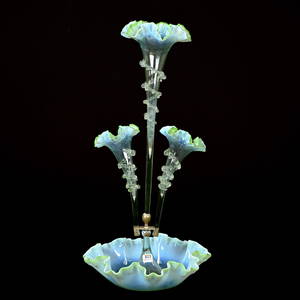 Epergne, Green Opalescent Art Glass, Three Lilies