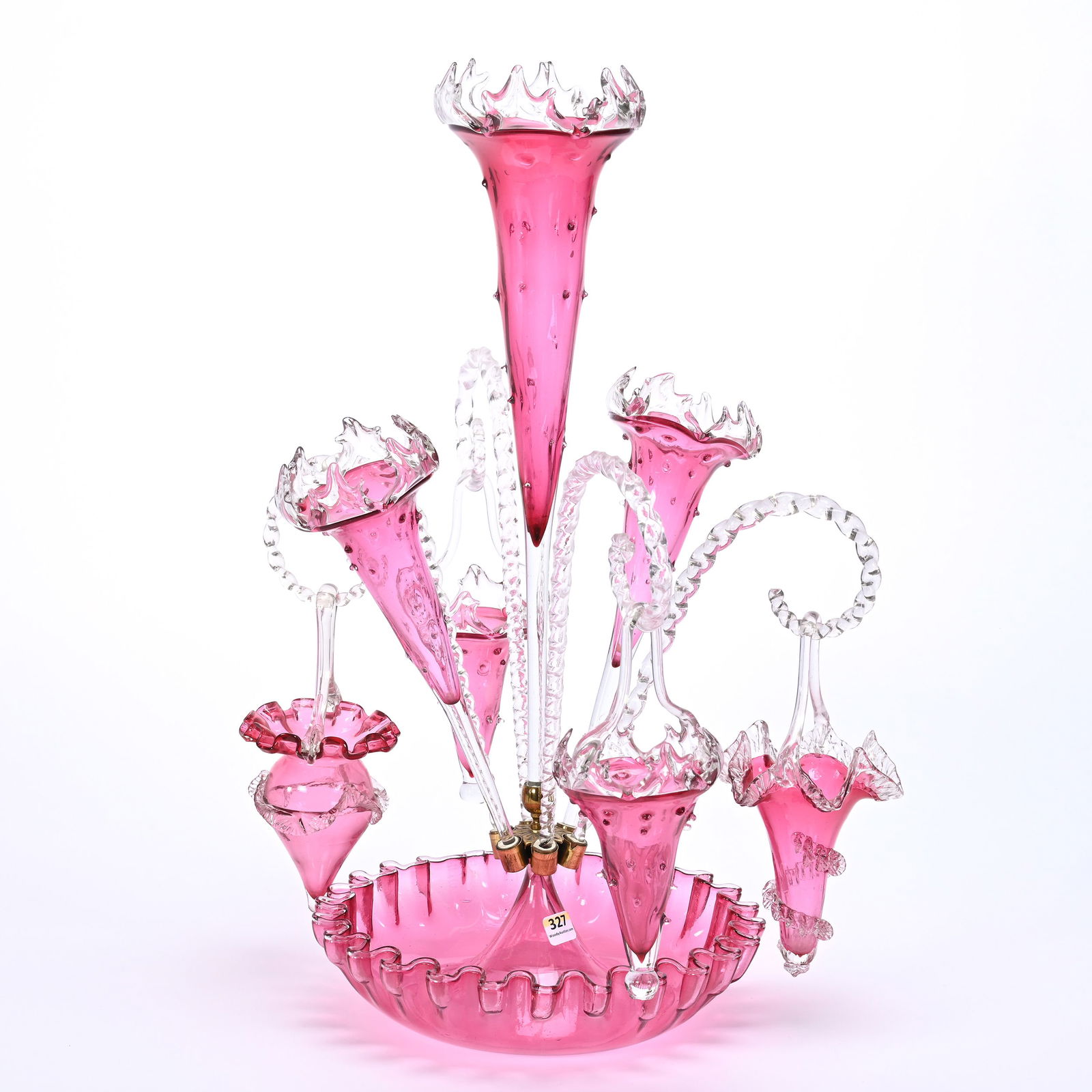 Epergne, Cased Cranberry Art Glass, Three Lilies (1 of 3)