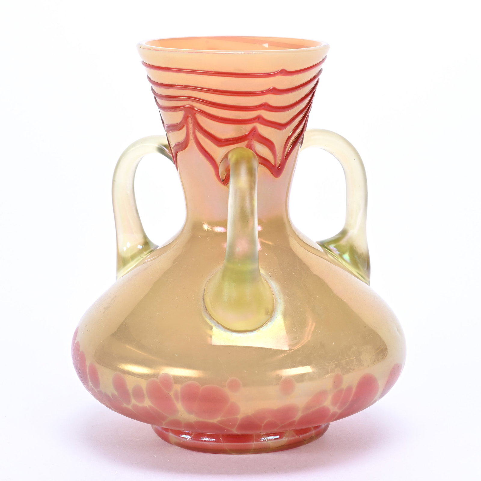 Vase, Pallme-Koenig Red Spot Art Glass: Vase, Pallme-Koenig Red Spot Art Glass, 5" x 4.25", Iridescent Cream With Pink Mottled Ground, Applied Handles, Red Applied Threading, Three Handles, Highly Reactive Under Black Light, Rim Nick, Colle
