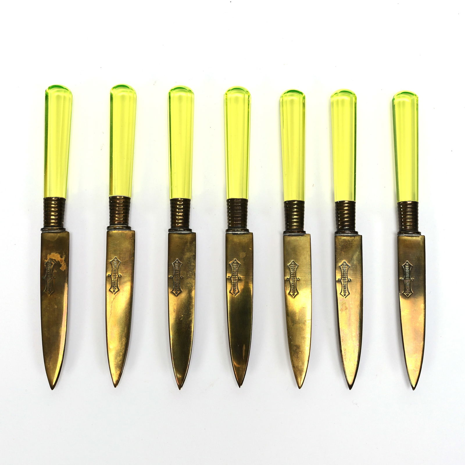 German Fruit Knife Set Of (7), Vaseline Glass Handles (1 of 3)