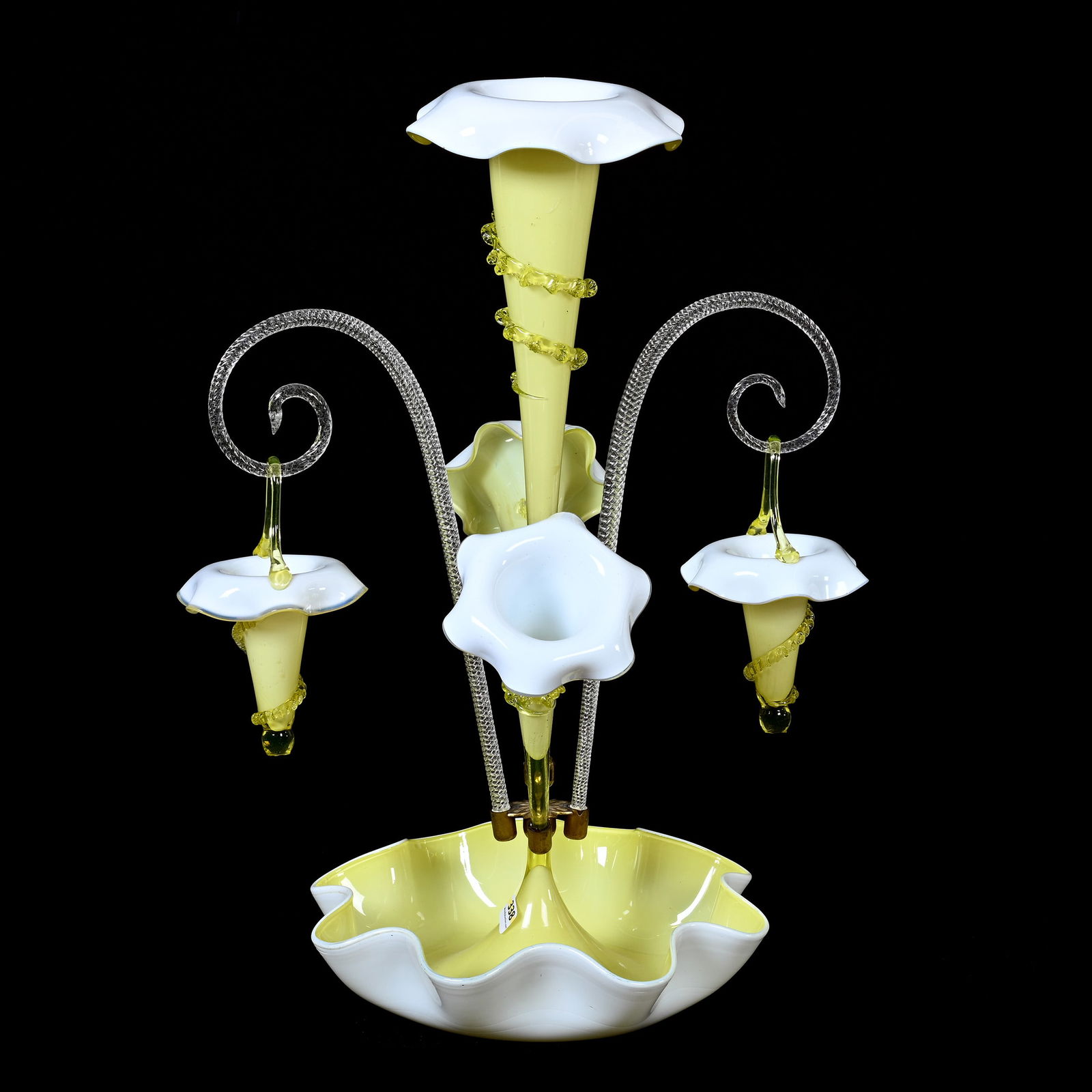 Epergne, Yellow/White Cased Art Glass, Three Lily (1 of 7)