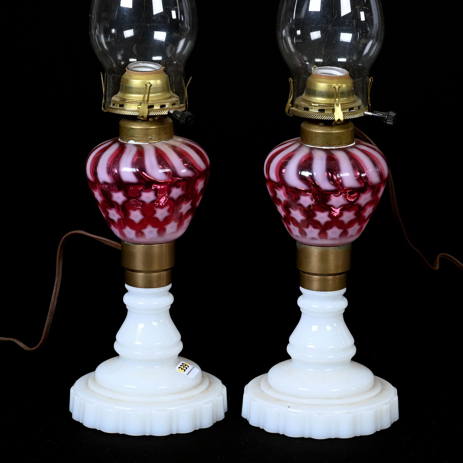 Pair Table Lamps, Cranberry Opalescent (1 of 3)