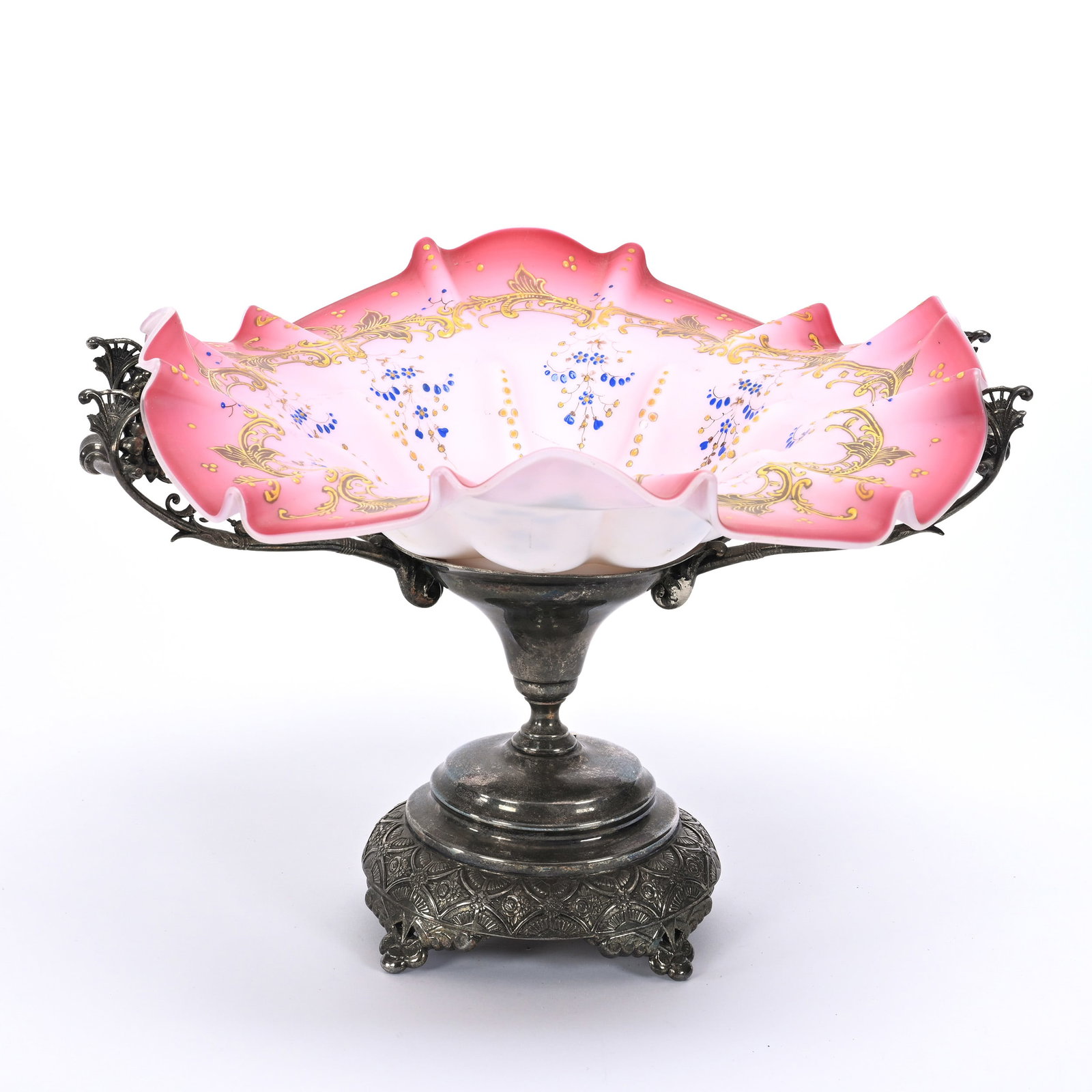 Victorian Brides Basket: Victorian Brides Basket, 9.25" x 13" x 12", Pink Satin Art Glass Bowl With Enamel Floral And Scroll Decor, Set On Silverplate Stand, Estate Of Ray Callander.