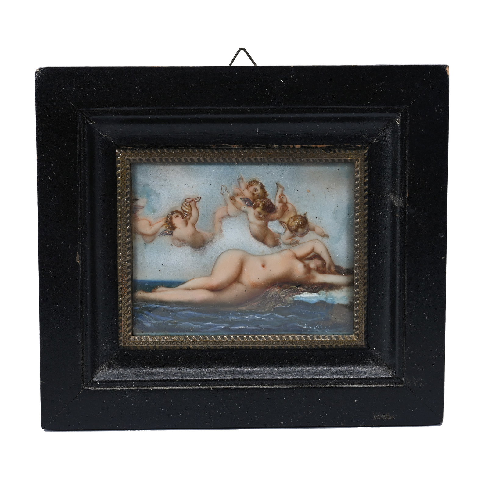 Miniature Hand Painted Scene: Miniature Hand Painted Scene, 2.5" x 3.25", Image Of Aphrodite And Cherubs, Artist Signed, Mounted In 5.25" x 6" Ebony Frame, Estate Of Ray Callander.