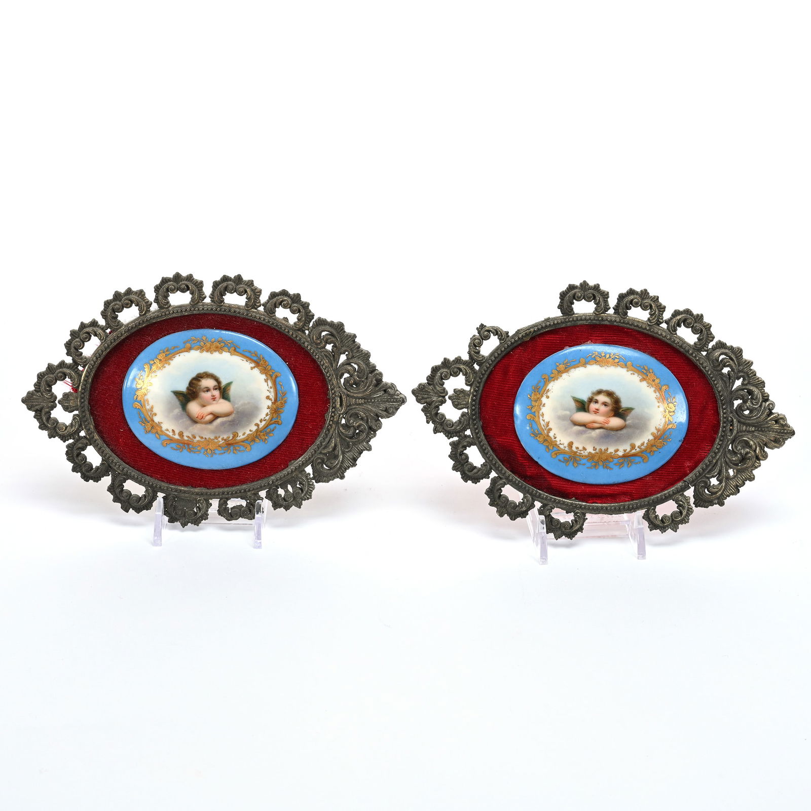 Pair Oval Medallions, Hand Painted Cherubs (1 of 4)