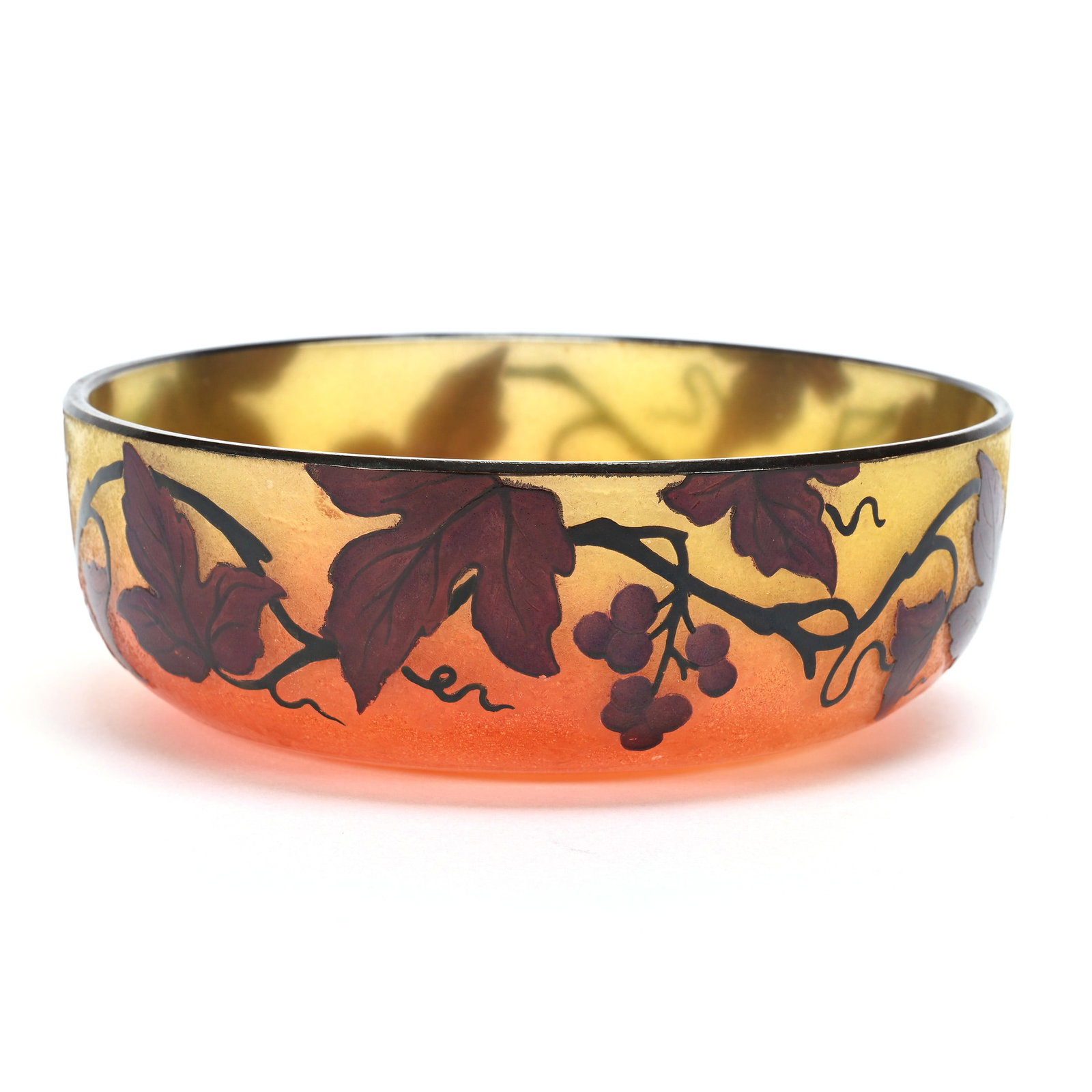 Bowl, Signed Nancea French Cameo/Enamel Art Glass: Bowl, Signed Nancea French Cameo/Enamel Art Glass, 1.75" x 5.5", Orange & Yellow Tones With Vintage Decor, Age Unknown, Estate Of Ray Callander.
