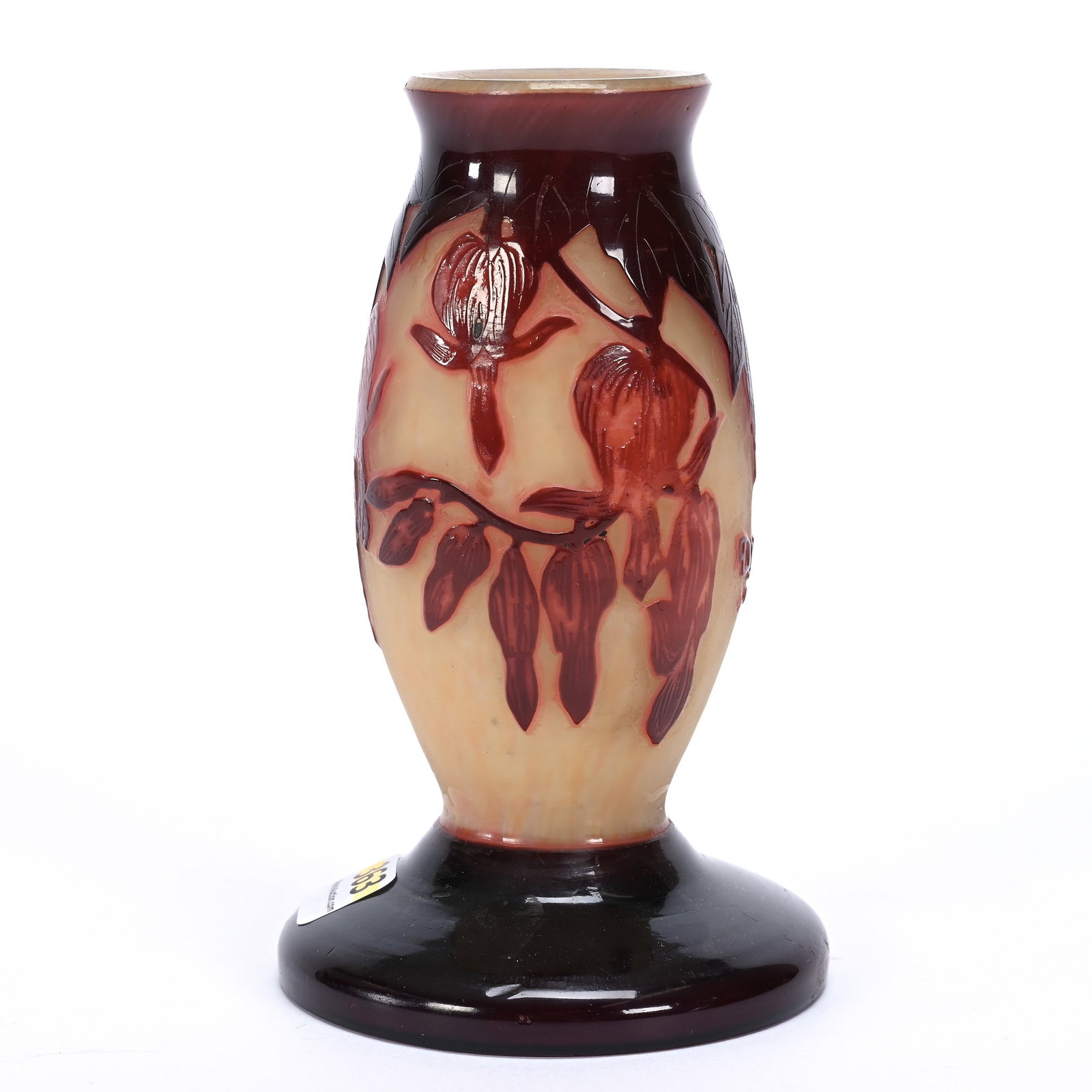 Vase, Signed Delatte Nancy, French Cameo Art Glass: Vase, Signed Delatte Nancy, French Cameo Art Glass, 5.75" x 3.5", Yellow Ground With Dark Cranberry Cut Back Floral Overlay - Possible Professional Rim Touchup, Estate Of Ray Callander.