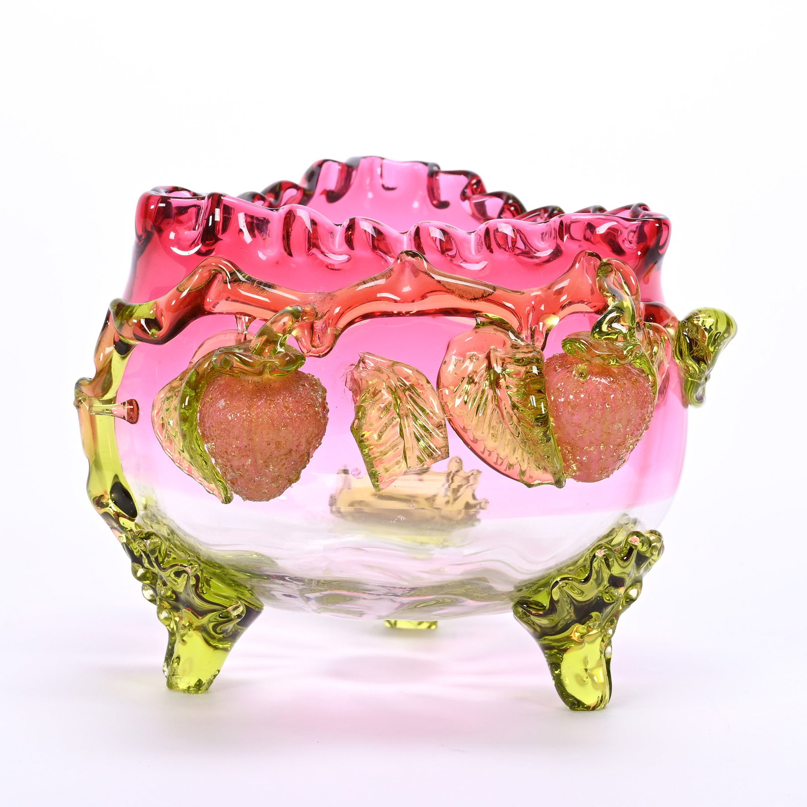 Vase, Rubina Art Glass, Applied Green Branch: Vase, Rubina Art Glass, Applied Green Branch, 4.5" x 6", And Strawberry Decor, Footed, Serious Branch Loss On One Section, Estate Of Ray Callander.