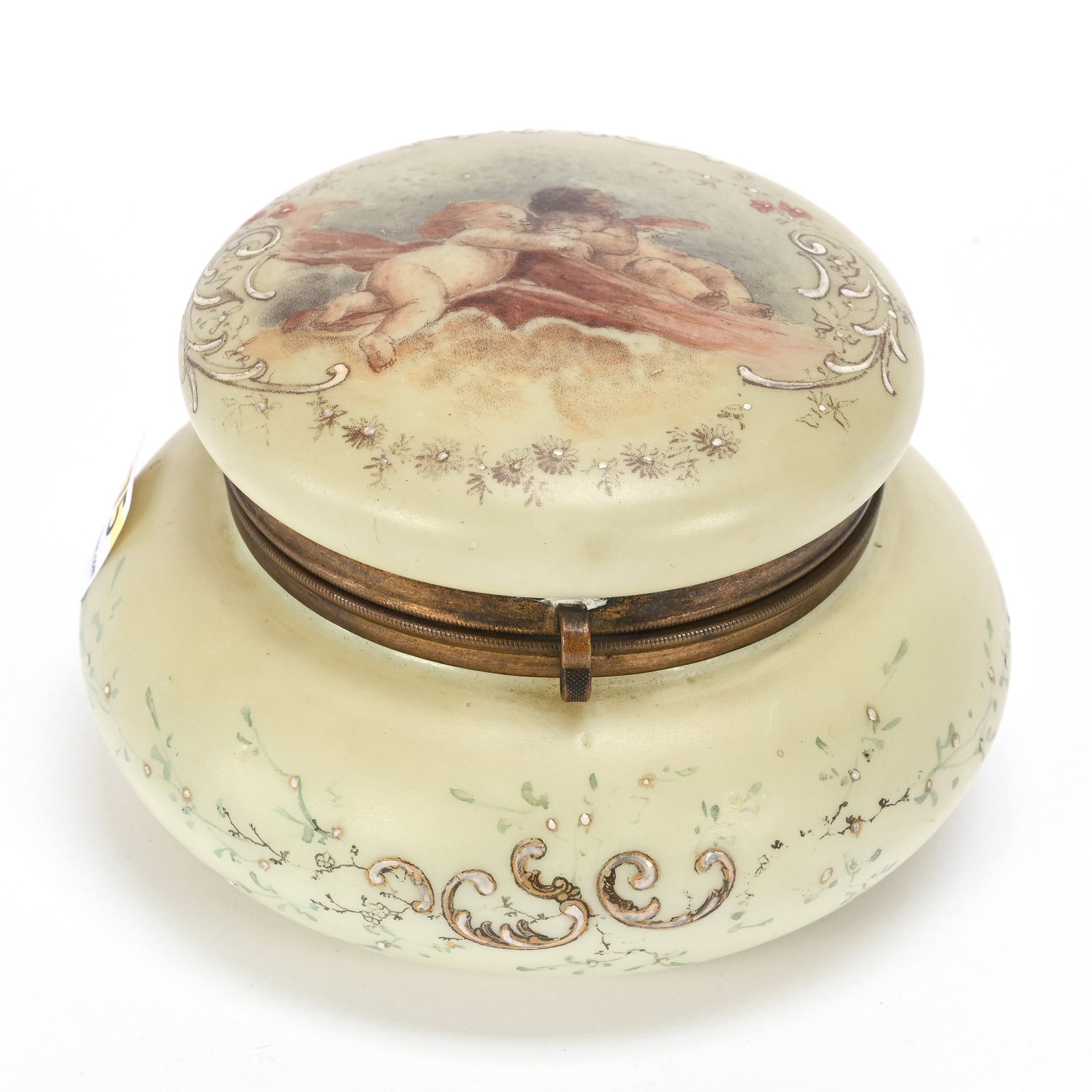 Jewel Box, Unmarked French Opaline Art Glass: Jewel Box, Unmarked French Opaline Art Glass, 3" x 4.5", Cream Tones, Cherub Decor, Estate Of Ray Callander.