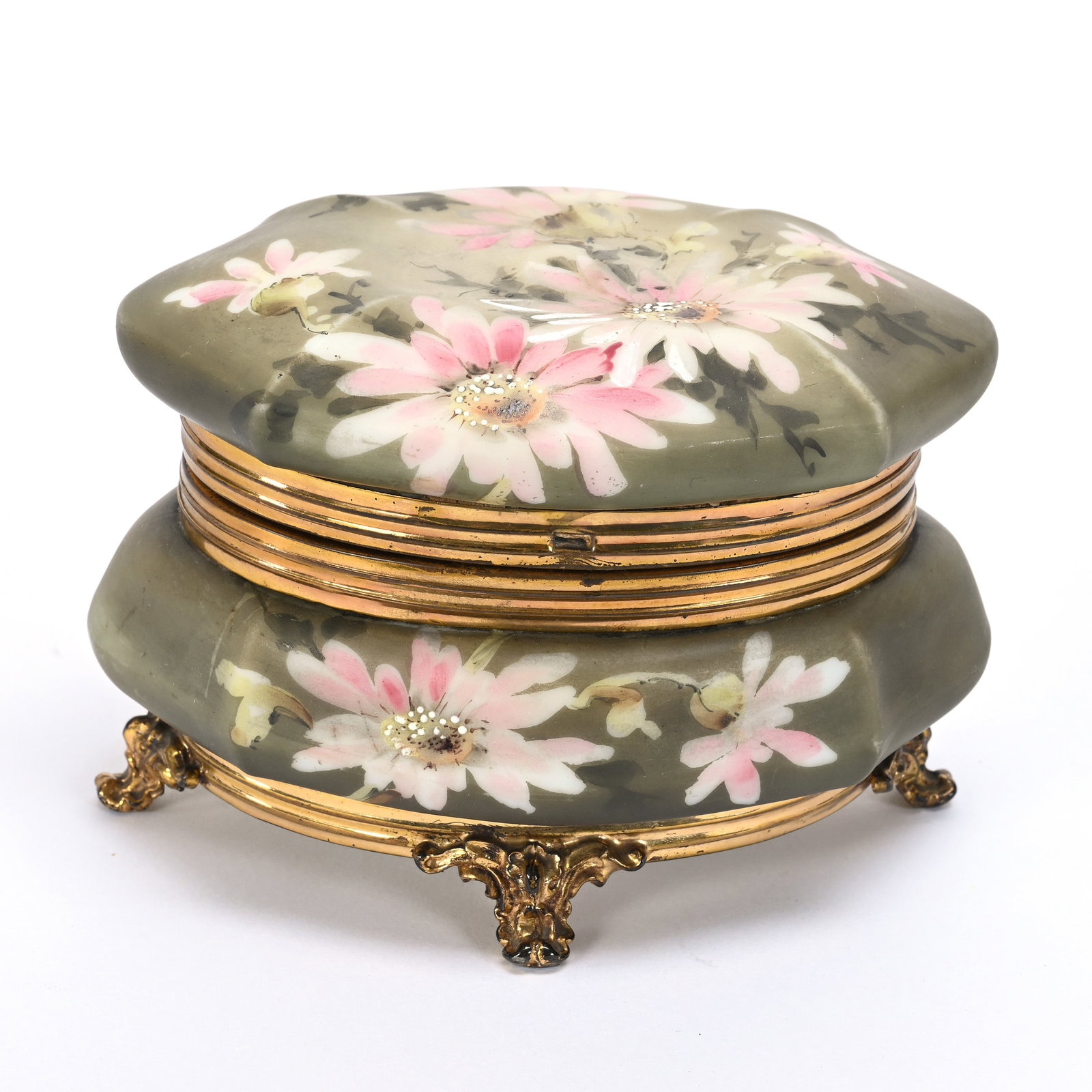 Oval Jewel Box, Unmarked Nakara: Oval Jewel Box, Unmarked Nakara, 3.5" x 5.25" x 4", Green Tones With Pink Floral Decor, Missing Clasp, Estate Of Ray Callander.