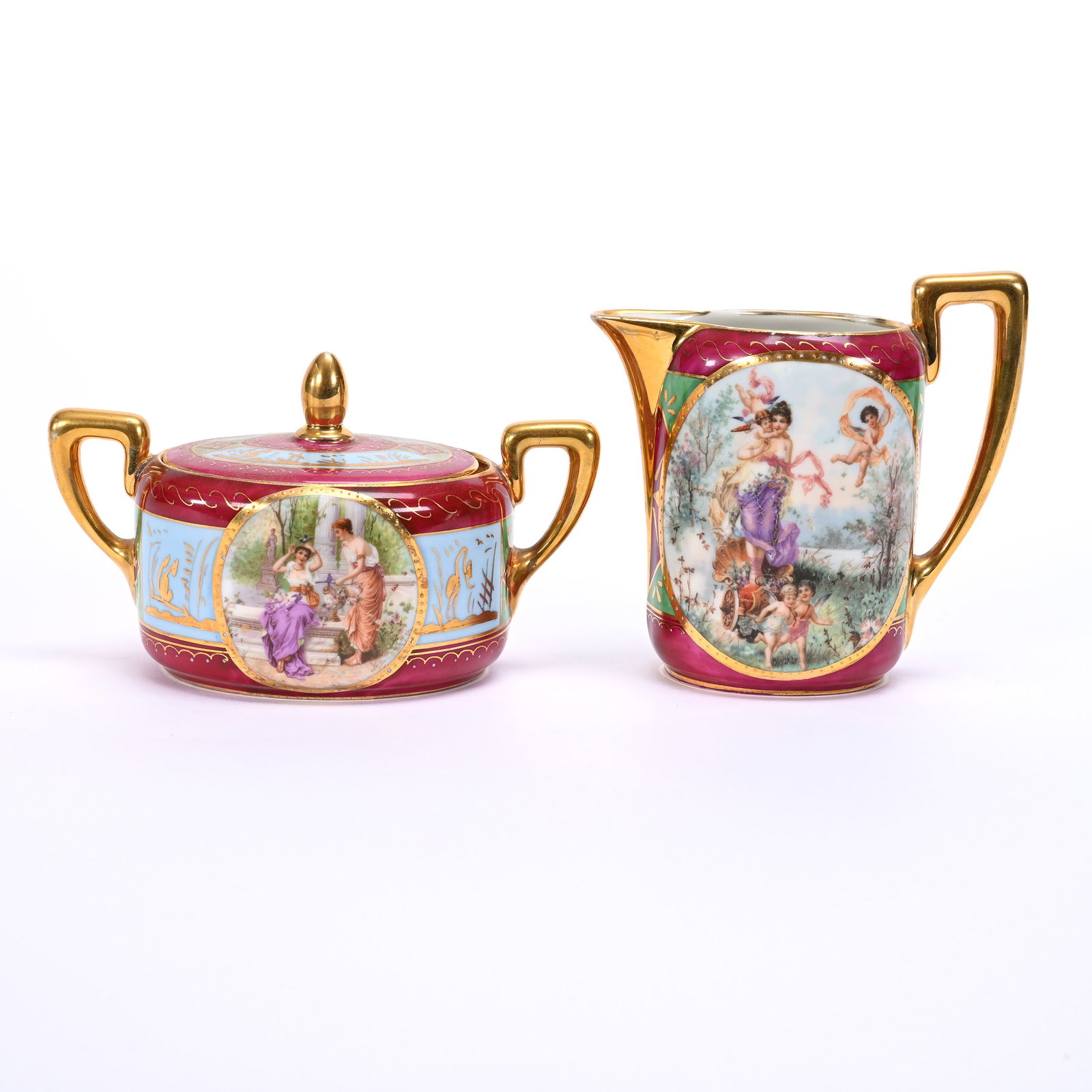 Oval Creamer & Sugar Marked Rosenthal: Oval Creamer & Sugar Marked Rosenthal, Classic Medallion Scenic Decor With Maroon, Green And Blue Border, Gold Trim Highlights, Estate Of Ray Callander.