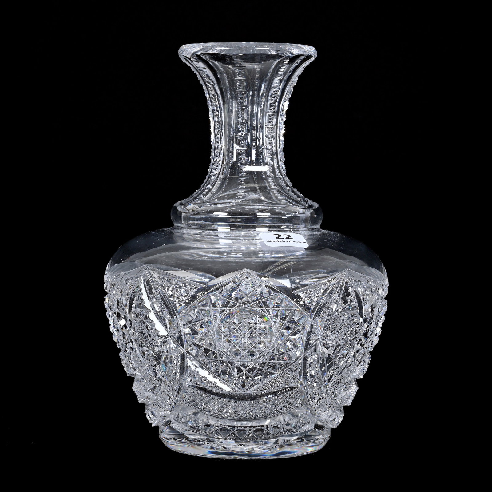 Carafe, American Brilliant Cut Glass: Carafe, American Brilliant Cut Glass, 8.25" x 5.75", Well Cut Modified Hobstar With Cane Center, Vesica, Strawberry Diamond And Hobstar Highlights, Hobstar Base, Clear Blank, Indiana Private Collectio