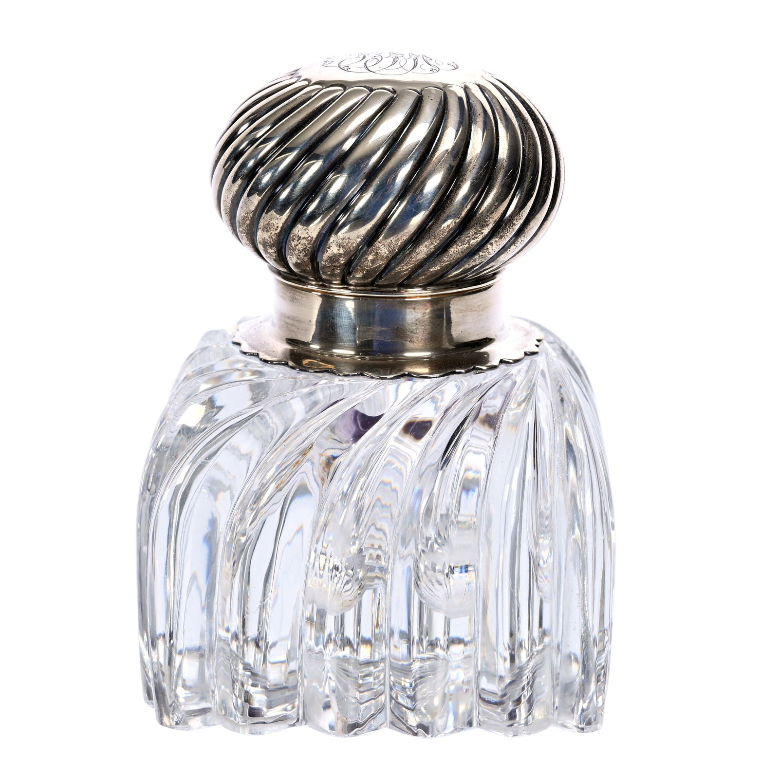 Inkwell, American Brilliant Cut Glass: Inkwell, American Brilliant Cut Glass, 4" x 3", Square Swirled Tusk Design With Ray Cut Base, Embossed Swirled Sterling Silver Flip Lid Marked Gorham #53, "Swirl On Swirl" Design, The Teddie And The L