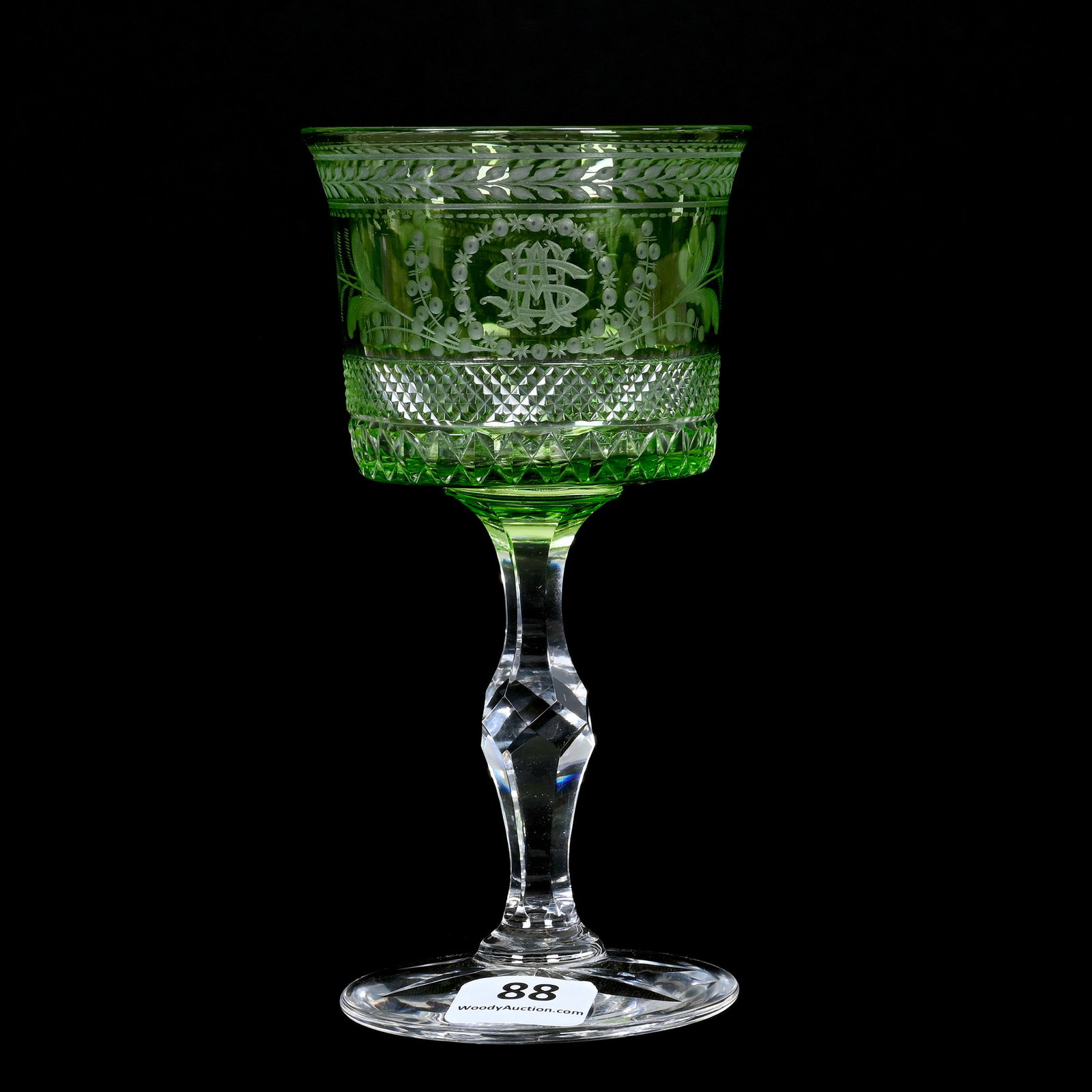 Wine Stem, ABCG, Signed Hawkes, Green Cut To Clear: Wine Stem, American Brilliant Cut Glass, Signed Hawkes, Green Cut To Clear, 5.625" x 2.875", Louis XIV Pattern, Patent 1889, Elaborate Monogram, Ray Cut Foot, Nice Example, Iowa Private Collection.