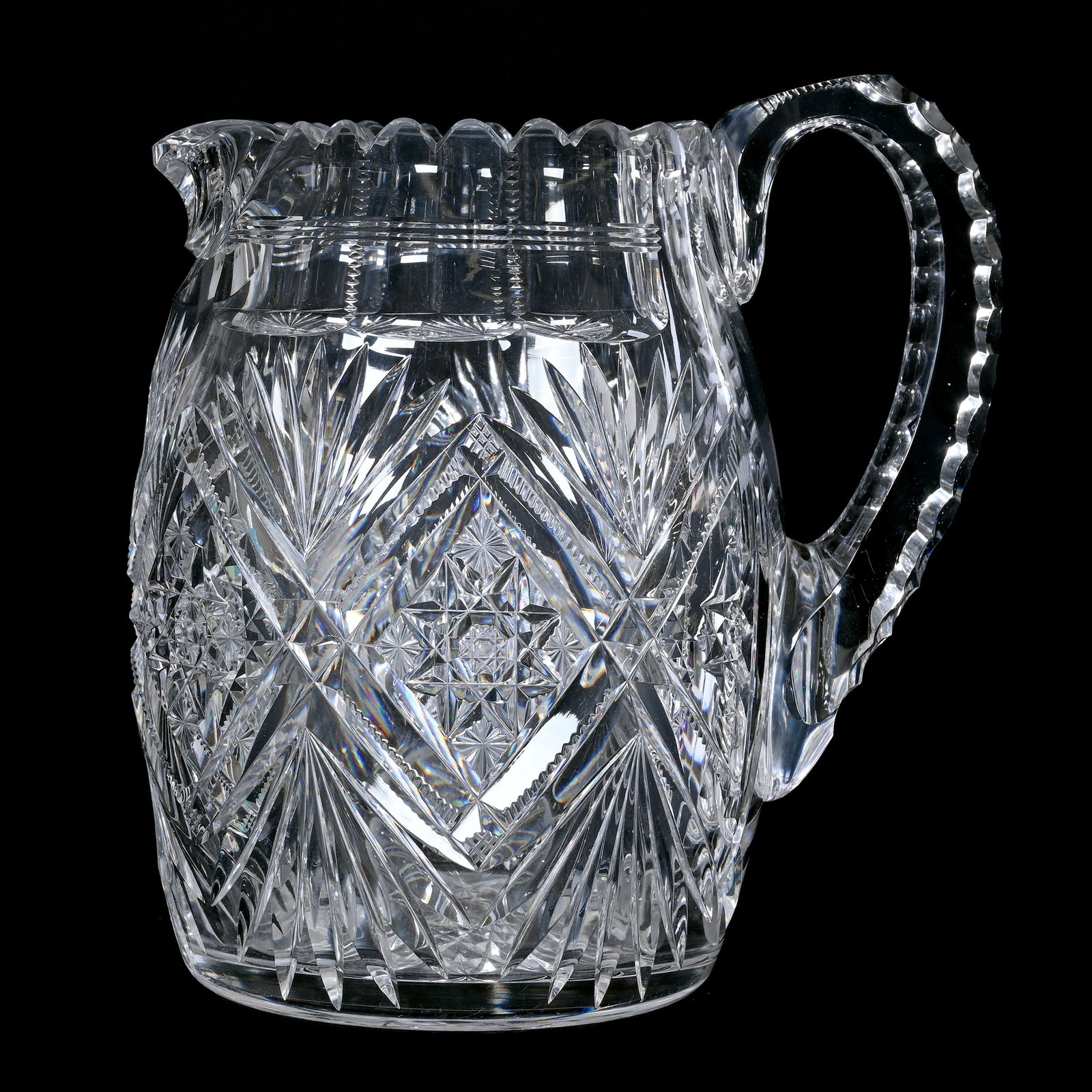 Jug, ABCG, Victoria Designed By W.C. Anderson: Jug, American Brilliant Cut Glass, Victoria Designed By W.C. Anderson, 8" x 7.25", Rare Barrel Shape, Triple Notched Handle, Hobstar Base, Patent 1887, The Teddie And The Late Warren Biden Collection.