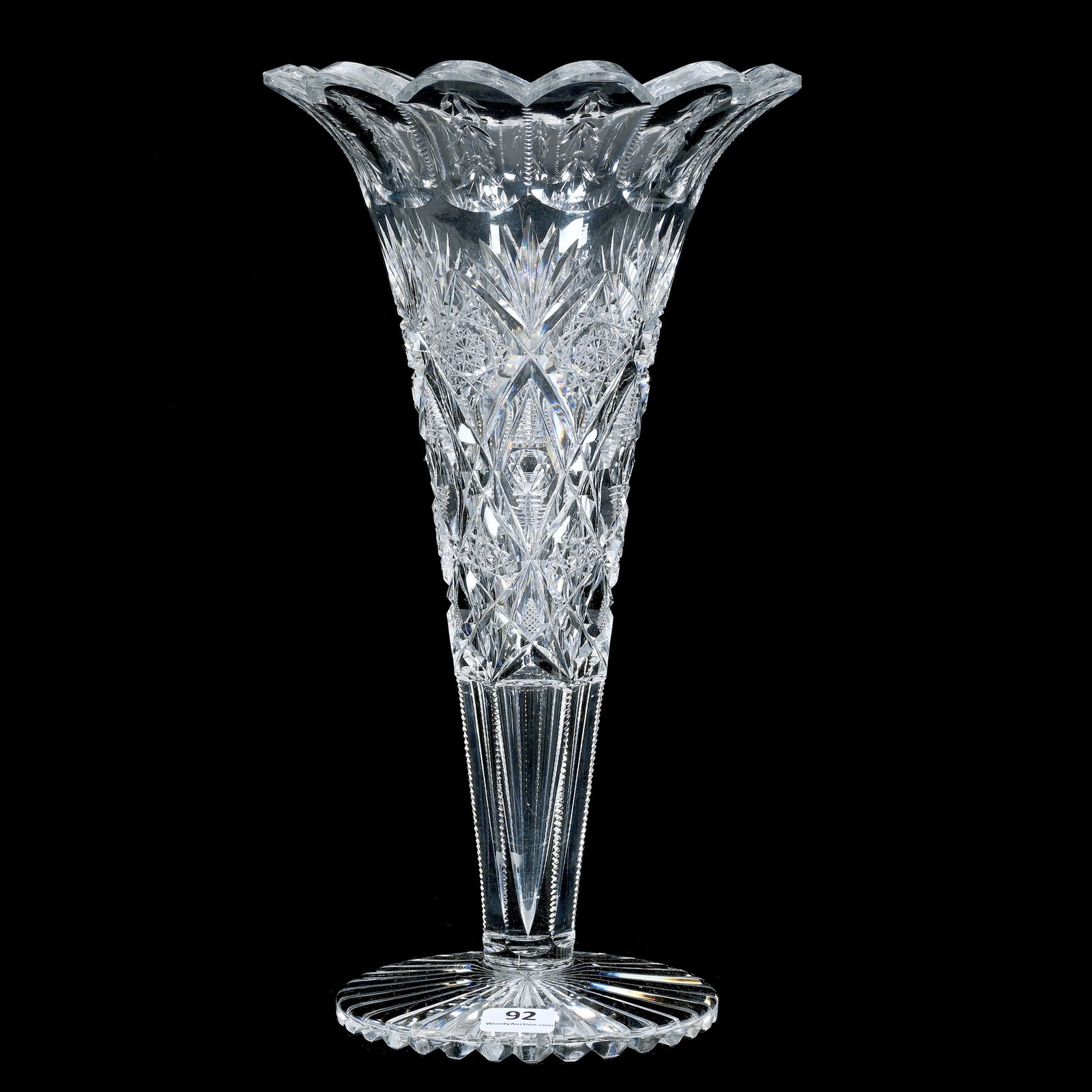 Trumpet Vase, ABCG, Signed Hawkes: Trumpet Vase, American Brilliant Cut Glass, Signed Hawkes, 11.5" x 6.5", Hobstar, Bullseye, Zipper And Fan Motif, Scalloped Rim With Engraved Leaf Highlights, Ray Cut Foot, The Estate Of Jean & Ralph 