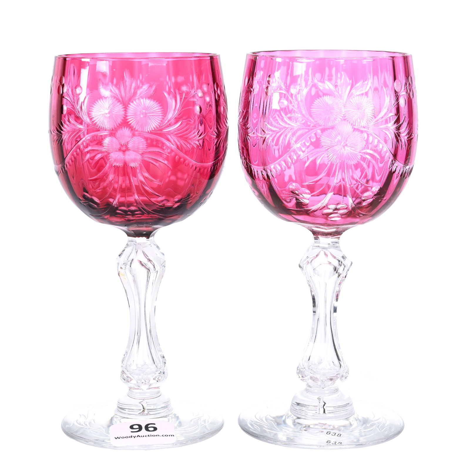 Pair Wine Stems, ABCG, Color Cut To Clear: Pair Wine Stems, American Brilliant Cut Glass, Color Cut To Clear, 5.25" x 2.5", Pattern #187 By Pairpoint, (1) Dark Ruby Cut To Clear, (1) Cranberry Cut To Clear, The Teddie And The Late Warren Biden