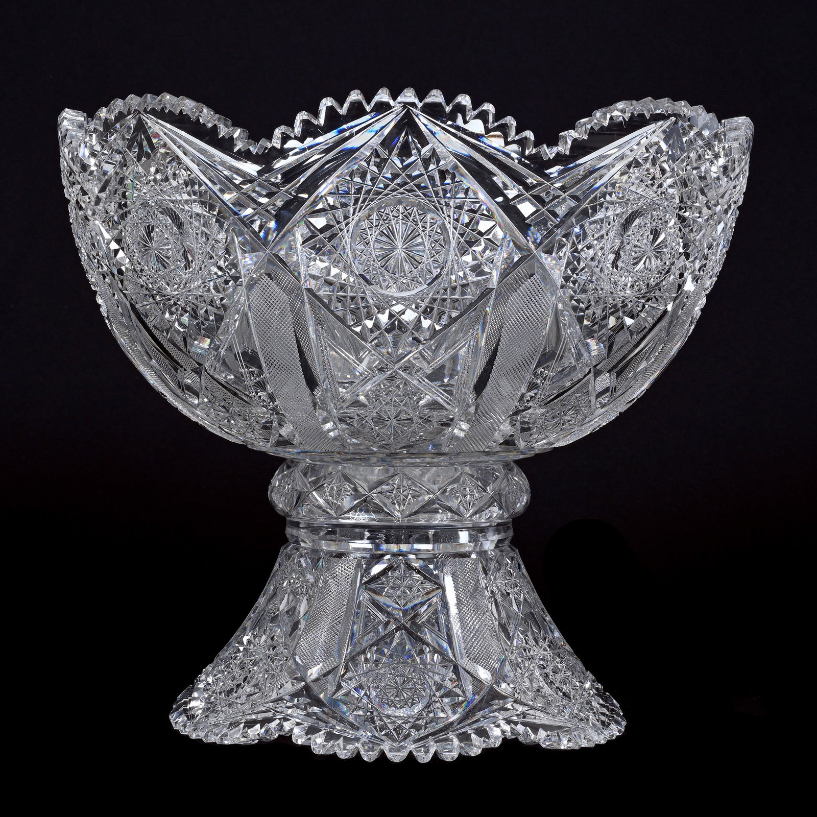 Punch Bowl, Two Part, American Brilliant Cut Glass: Punch Bowl, Two Part, American Brilliant Cut Glass, 13" x 14.5", Hobstar, File And Miter Motif, Beautiful Blank, Total Weight Of Over Twenty-Four Pounds, Rim Nick On Bowl Stob, The Estate Of Jean & Ra