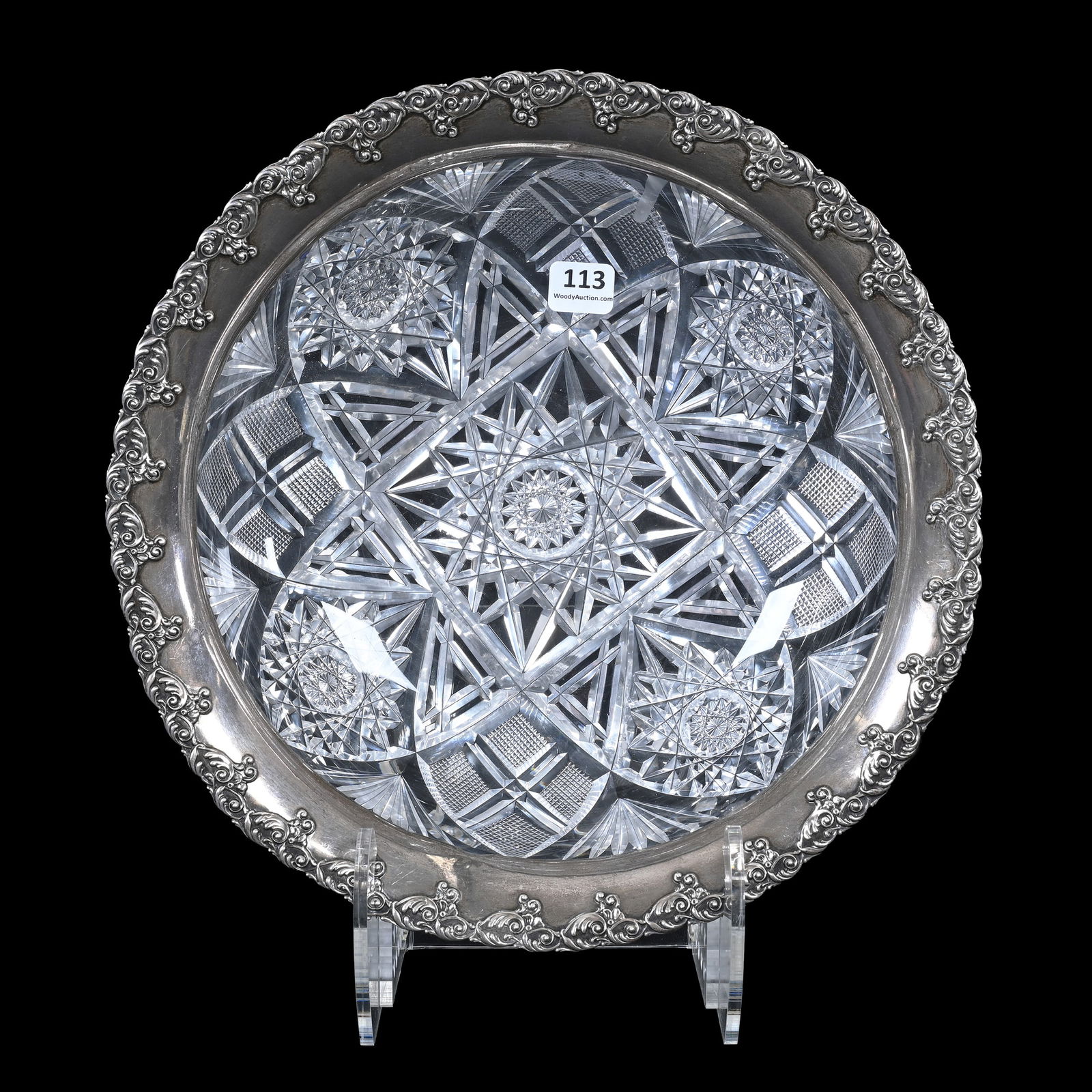 Bowl, American Brilliant Cut Glass: Bowl, American Brilliant Cut Glass, 3.25" x 11.25", Four Sections Of Hobstar, Vesica, Strawberry Diamond And Fan Motif, Sterling Silver Rim Marked Gorham #B30, Rim Is Not Currently Attached, Missouri