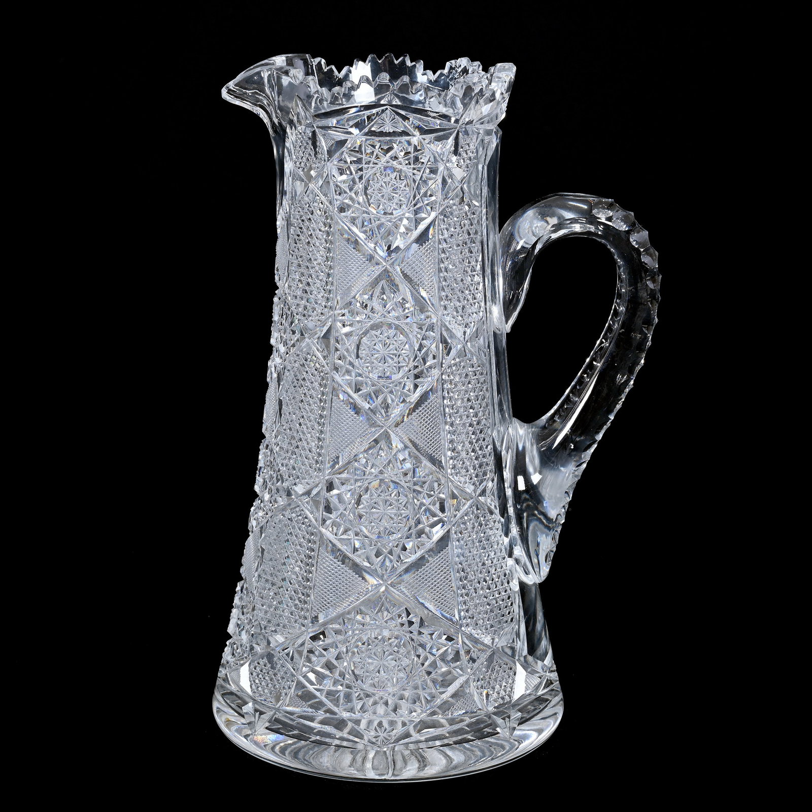 Tankard, American Brilliant Cut Glass: Tankard, American Brilliant Cut Glass, 11.5" x 7.5", Hobstar, Nailhead Diamond, Strawberry Diamond Motif, Triple Notched Handle, Ray Cut Base, Missouri Private Collection.