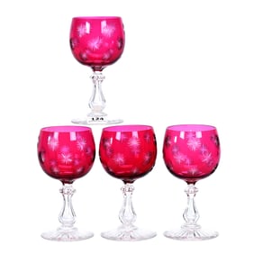 (4) Wine Stems, ABCG, Cranberry Cut To Clear