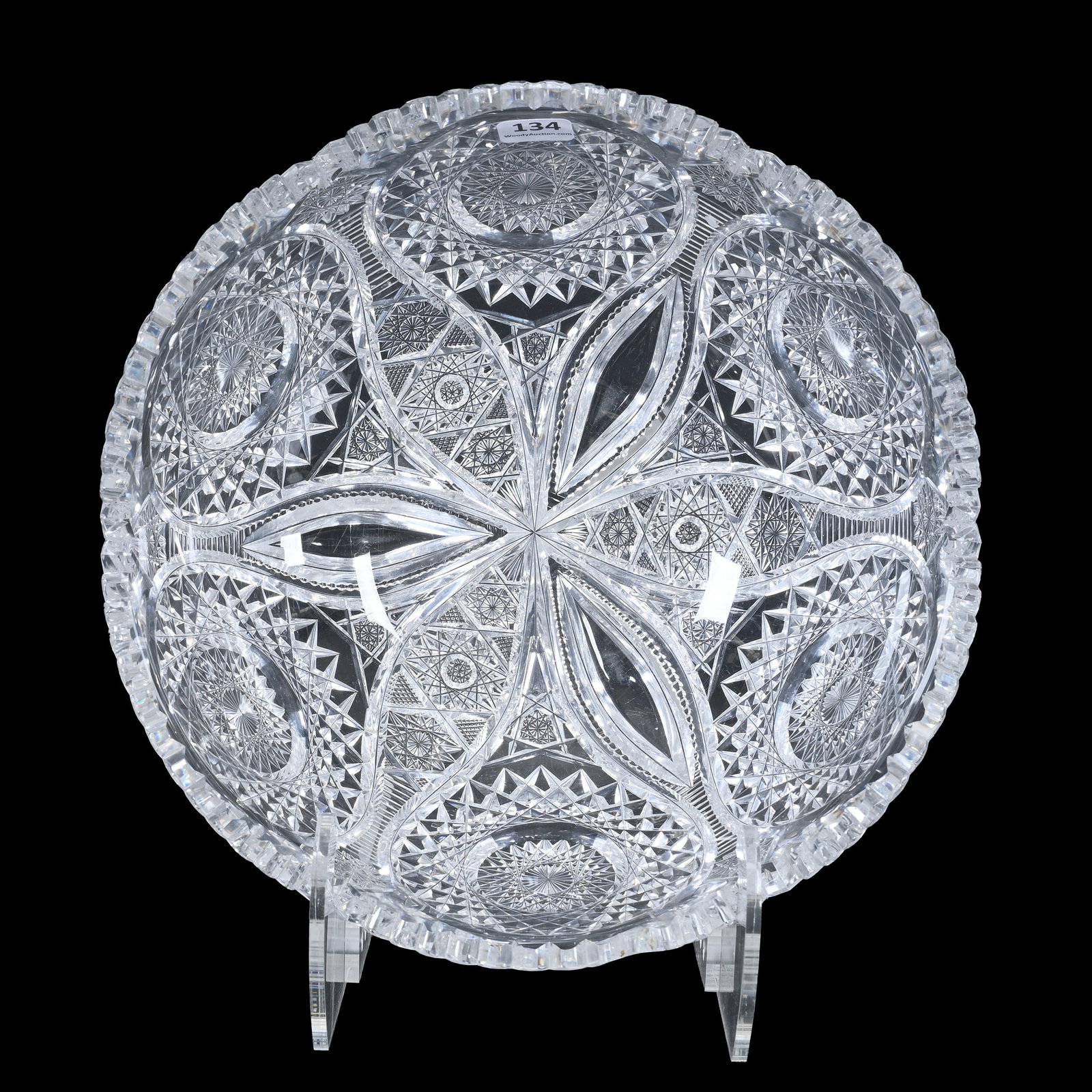Bowl, American Brilliant Cut Glass: Bowl, American Brilliant Cut Glass, 4.25" x 10.5", Uniquely Cut Design Of Hobstars, Vesica, Strawberry Diamond, Prism And Tusk Motif, Clear Blank, Missouri Private Collection. UPDATED 5-14-24: Tooth C
