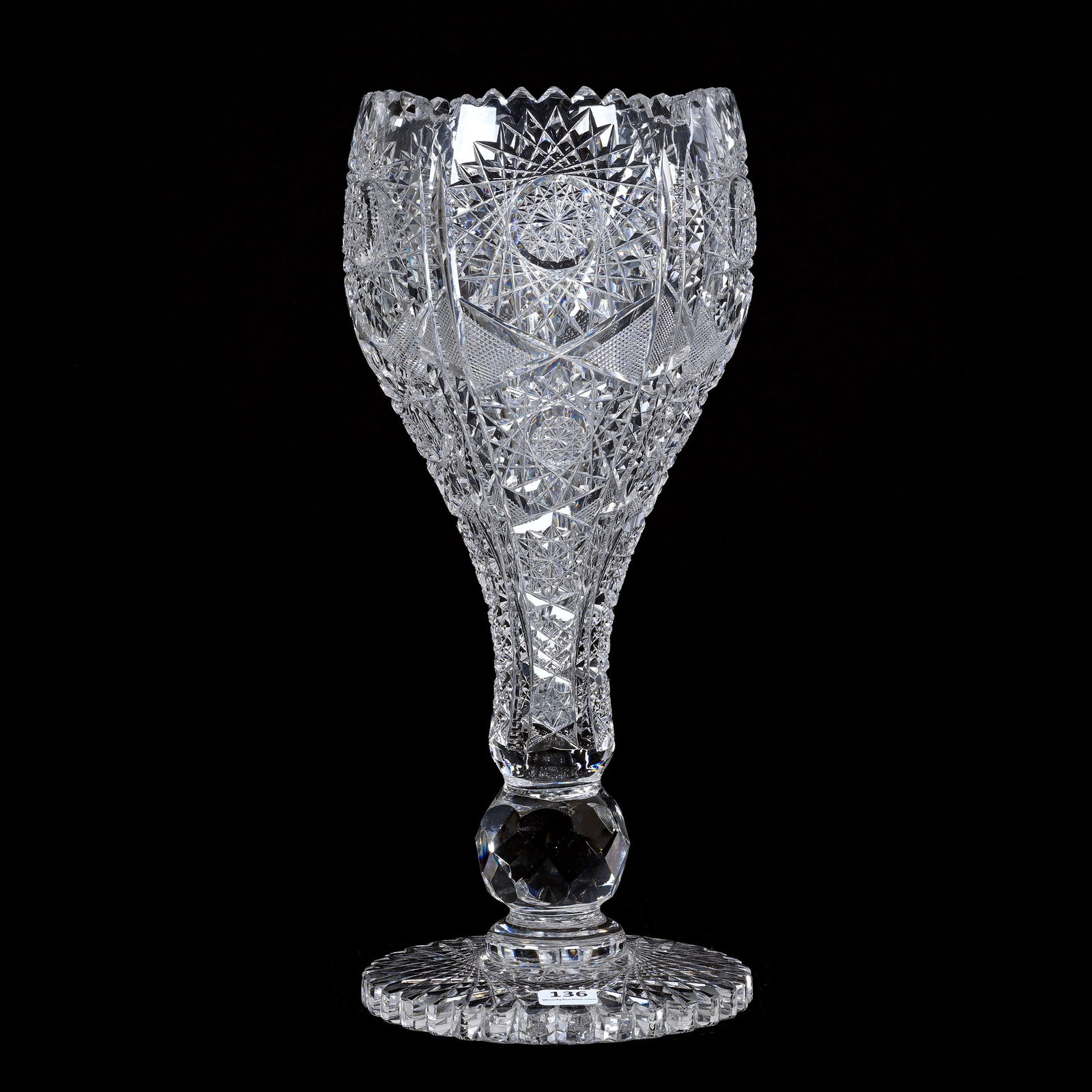 Chalice Vase, ABCG, Norway By Kelly & Steinman: Chalice Vase, American Brilliant Cut Glass, Norway By Kelly & Steinman, 14" x 6", Large Scalloped Hobstar Foot, Over Seven Pounds Total Weight, Two Tooth Chips, The Teddie And The Late Warren Biden Co