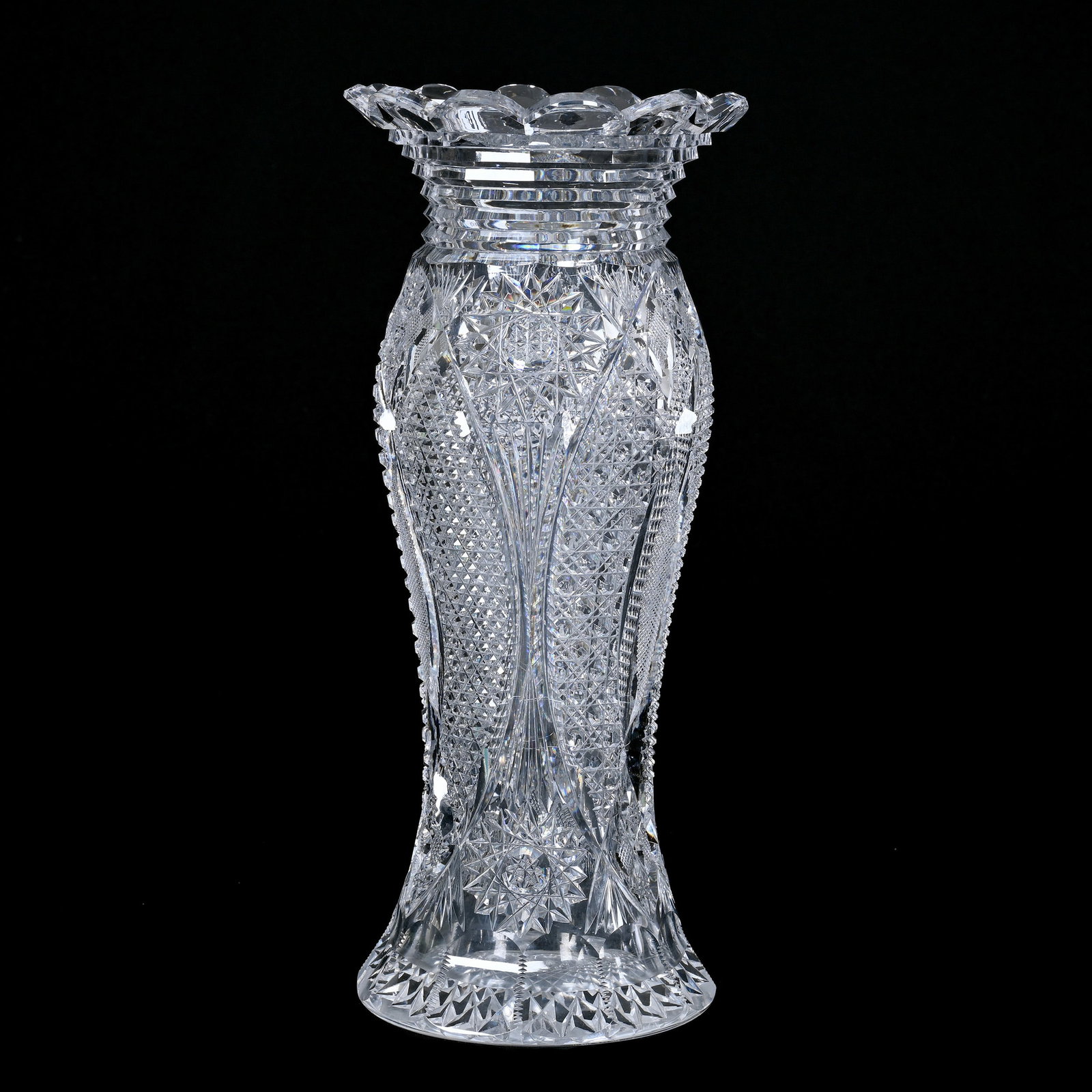 Vase, American Brilliant Cut Glass: Vase, American Brilliant Cut Glass, 12.25" x 5.25", Hobstar, Vesica, Nailhead Diamond, Cane And Fan Motif, Step Cut Scalloped Rim, Hobstar Base, Quality Blank, The Larry & Sandy Smith Collection.