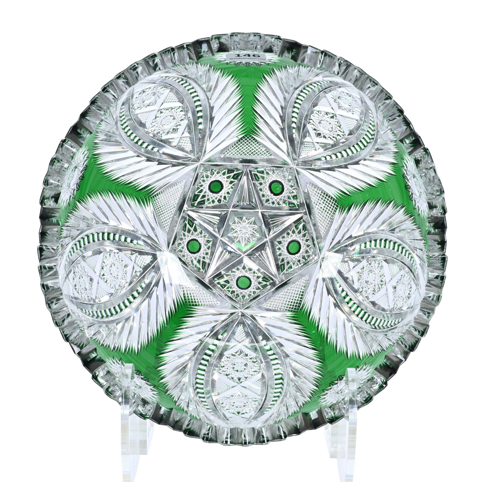 Bowl, ABCG, Emerald Green Cut To Clear: Bowl, American Brilliant Cut Glass, Emerald Green Cut To Clear, 4.25" x 9", Nearly Identical To Anne Pattern By W.C. Anderson, One Outside Rim Chip On A Tooth, Great Color, The Ruth & Charles Kwartler