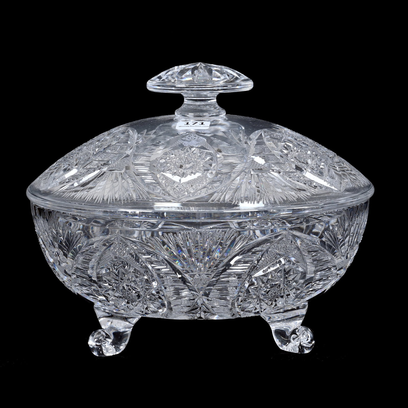 Covered Casserole, Footed, ABCG: Covered Casserole, Footed, American Brilliant Cut Glass, 7.75" x 9.75", Hobstar, Vesica, Strawberry Diamond, And Fan Motif, Three Applied Snail Feet, The Teddie And The Late Warren Biden Collection.