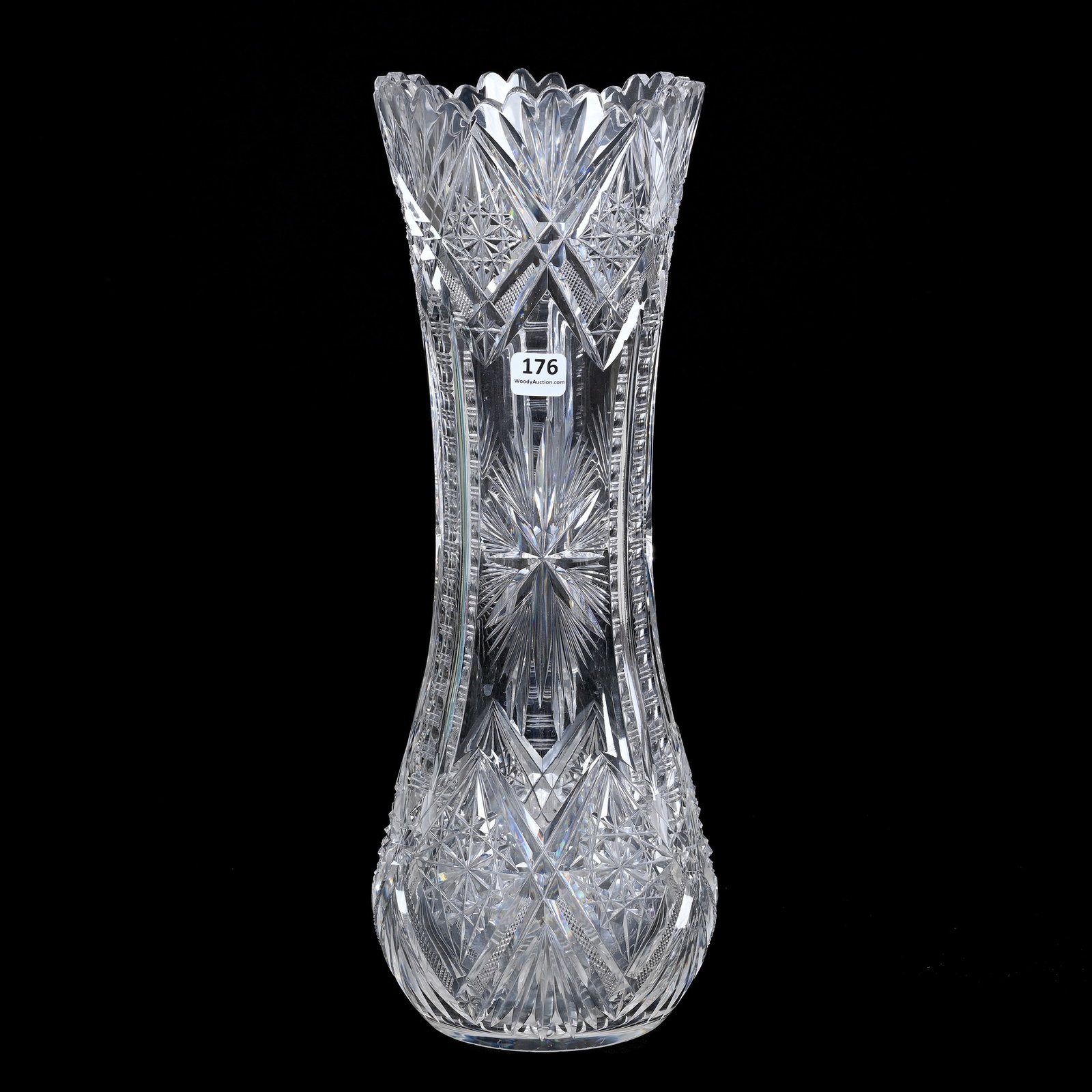 Corset Vase, American Brilliant Cut Glass: Corset Vase, American Brilliant Cut Glass, 15.75" x 5.5", Three Sections Of Flashed Star Panel And Prism Motif With Hobstar, File And Fan Border, Ray Cut Base, The Teddie And The Late Warren Biden Col