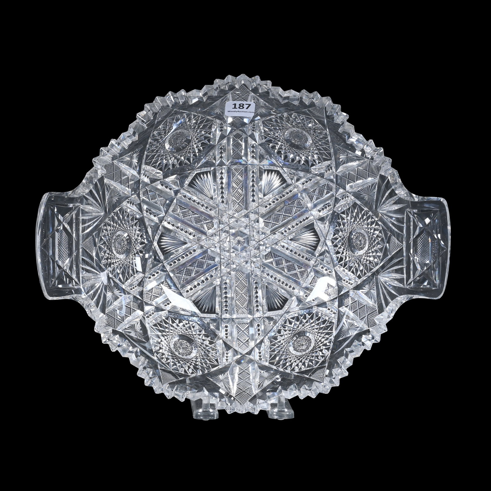 Bowl, Tab Handles, American Brilliant Cut Glass: Bowl, Tab Handles, American Brilliant Cut Glass, 3.5" x 12" x 10", Six Sections Of Hobstar, Strawberry Diamond, Prism, Star And Fan Motif, One Polished Tooth, The Estate Of Jean & Ralph Borelli.