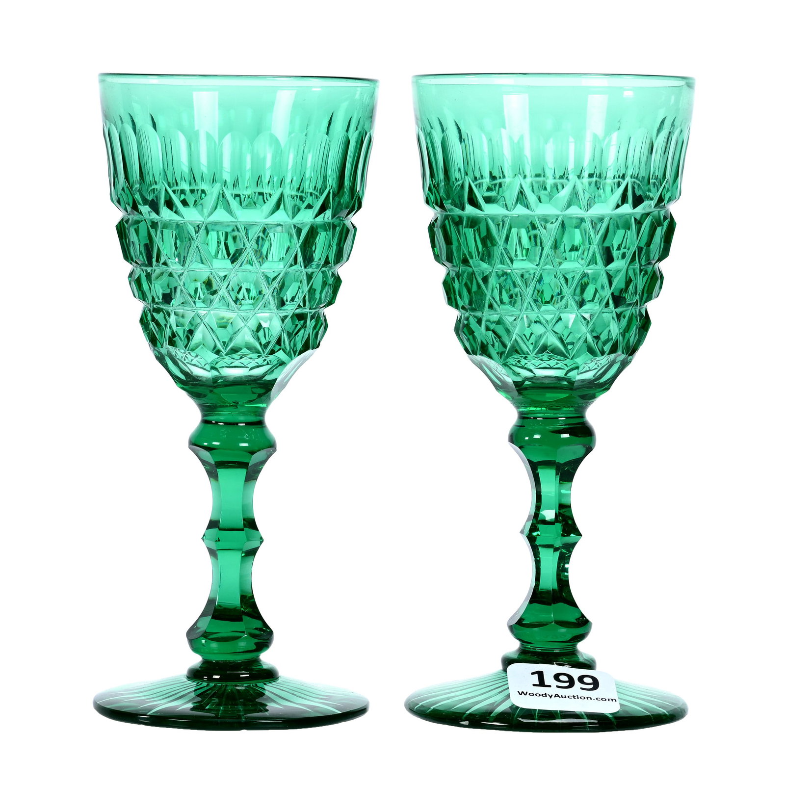 Pair Wine Stems, BPCG, Solid Dark Uranium Green: Pair Wine Stems, New England Glass Company, Brilliant Period Cut Glass, Solid Dark Uranium Green, 5" x 2.25", Hob Button And Punty Motif, Ray Cut Foot, Highly Reactive Under Black Light, The Estate Of
